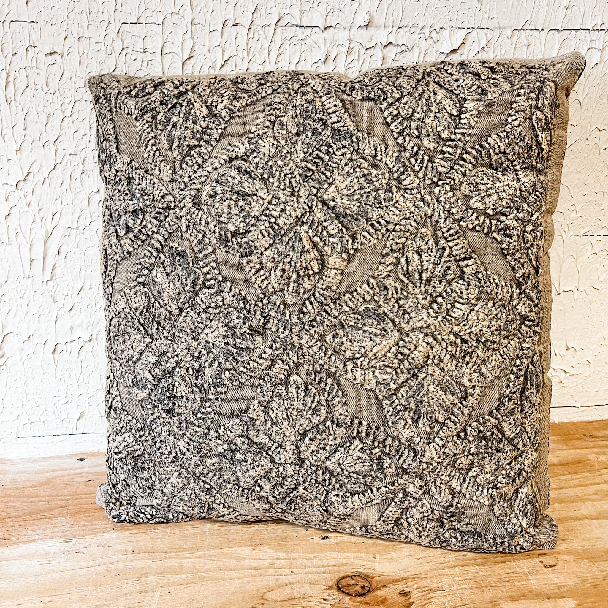 Cotton Stone Washed Gray Floral Embroidered Pillow