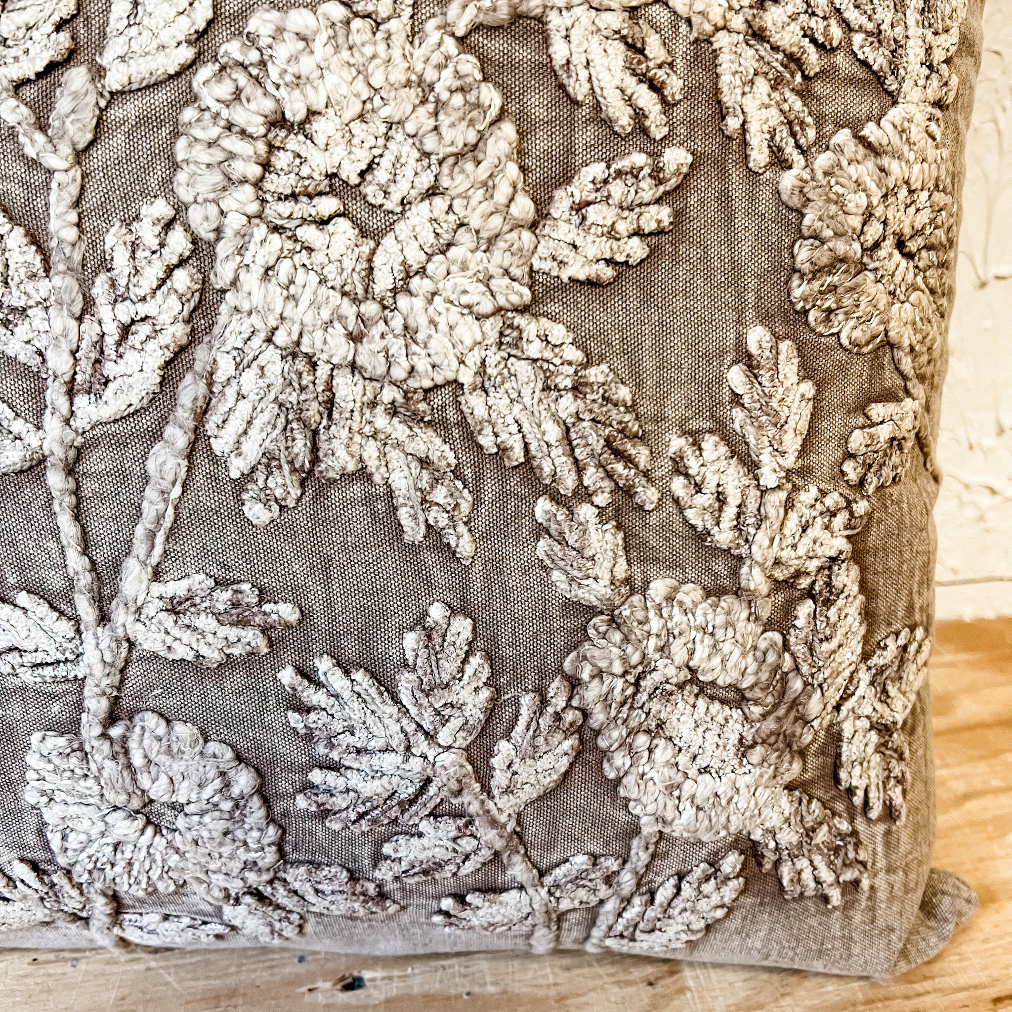 Cotton Stone Washed Taupe Embroidered Floral Pillow