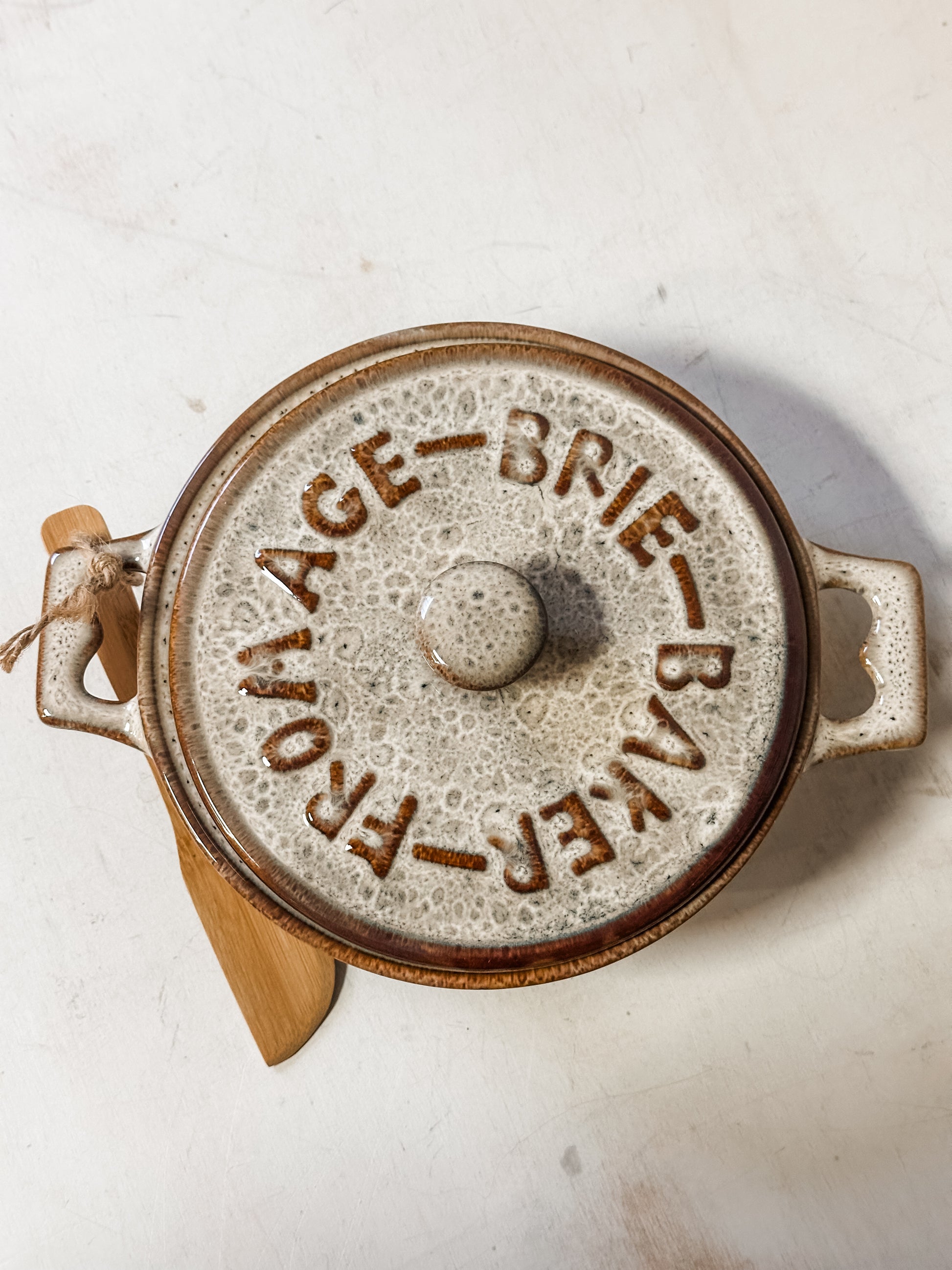 stoneware brie baker with bamboo spreader at The Rustic Barn in Killingworth, CT