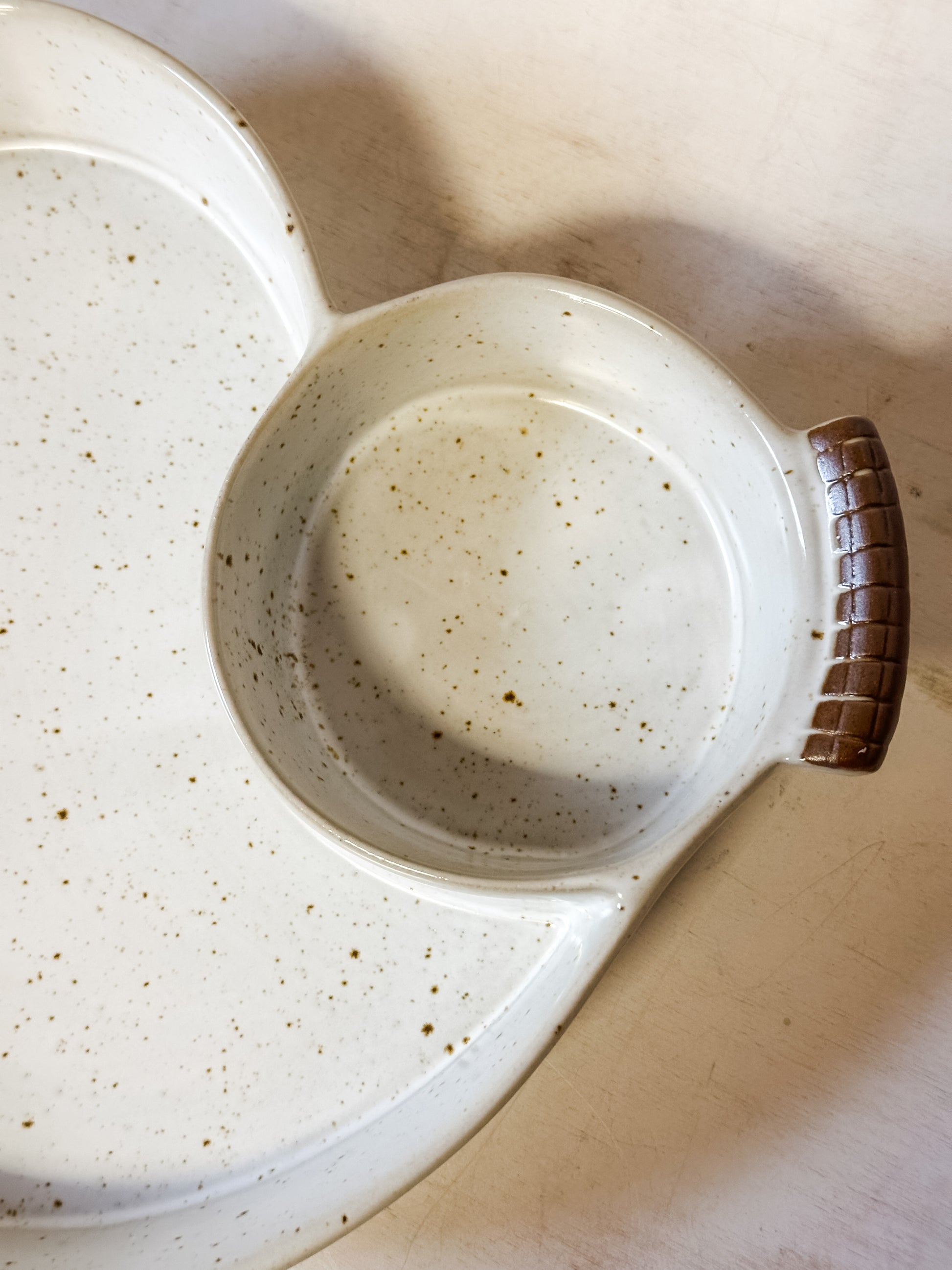 stoneware chip and dip dish with handles at The Rustic Barn in Killingworth, CT