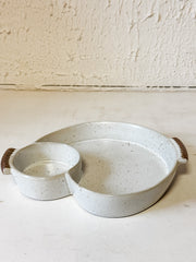 stoneware chip and dip dish with handles at The Rustic Barn in Killingworth, CT