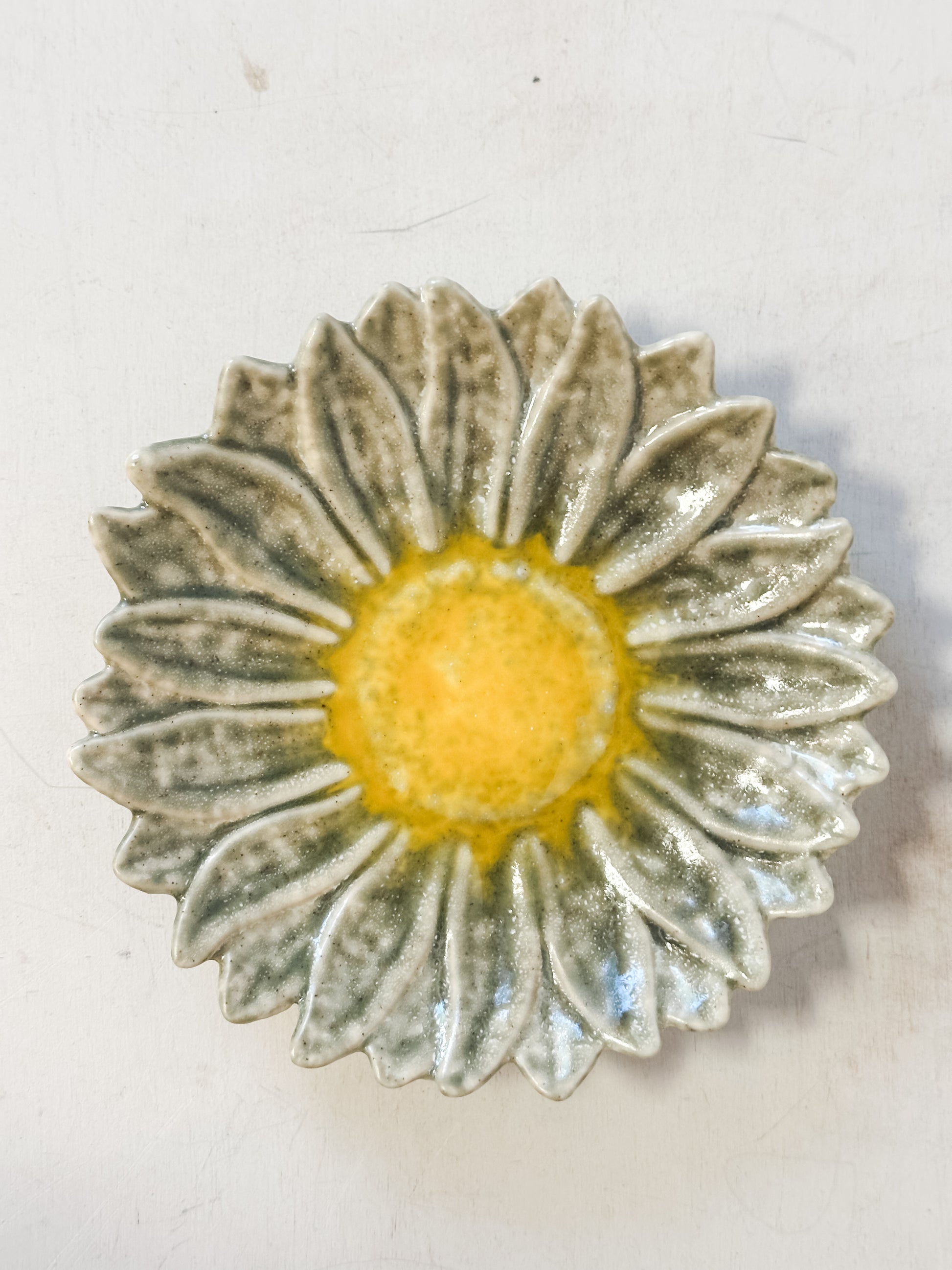 sage stoneware flower shaped dishes at The Rustic Barn in Killingworth CT