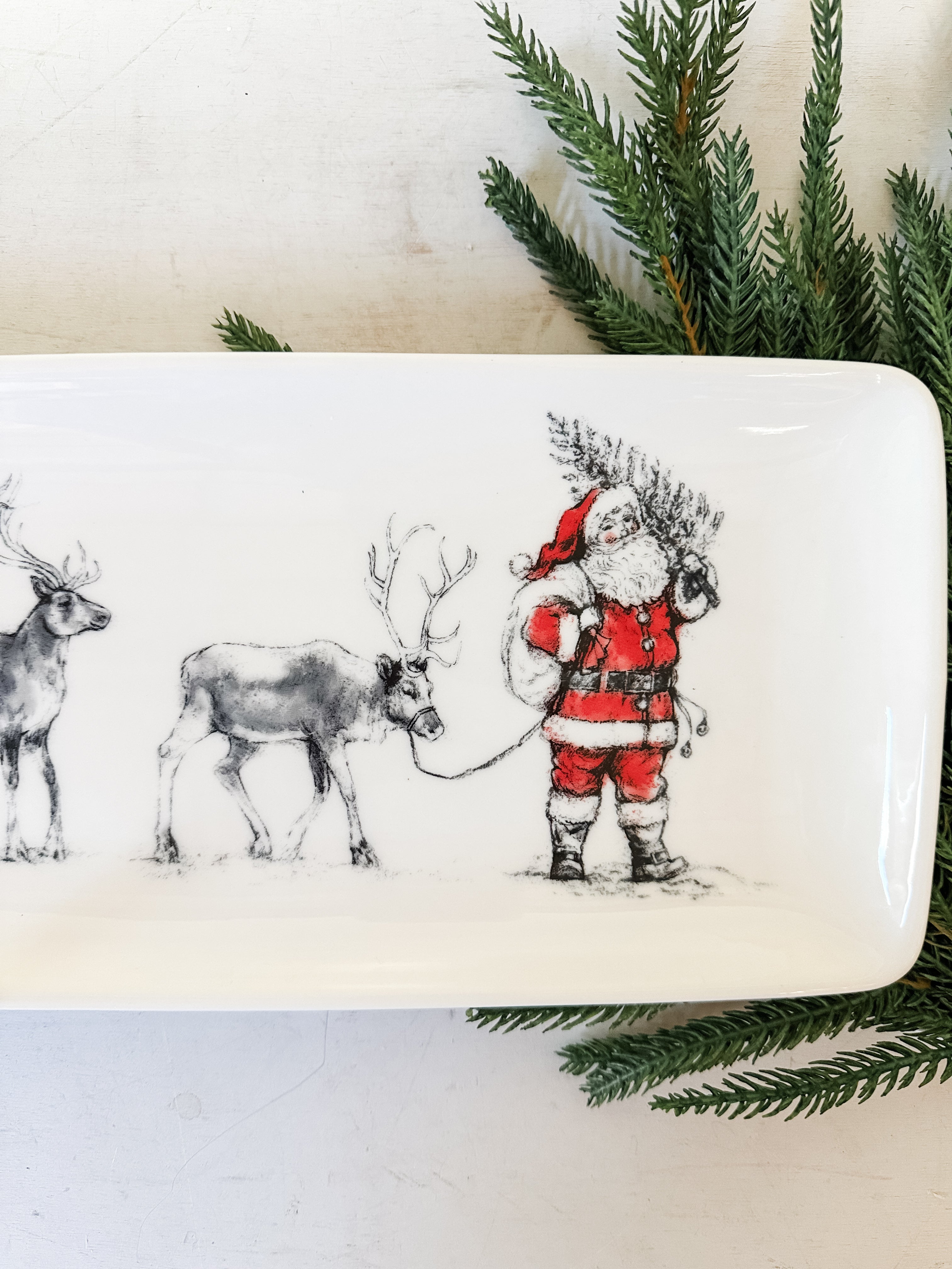 stoneware serving platter with Santa and reindeer image at The Rustic Barn in Killingworth CT