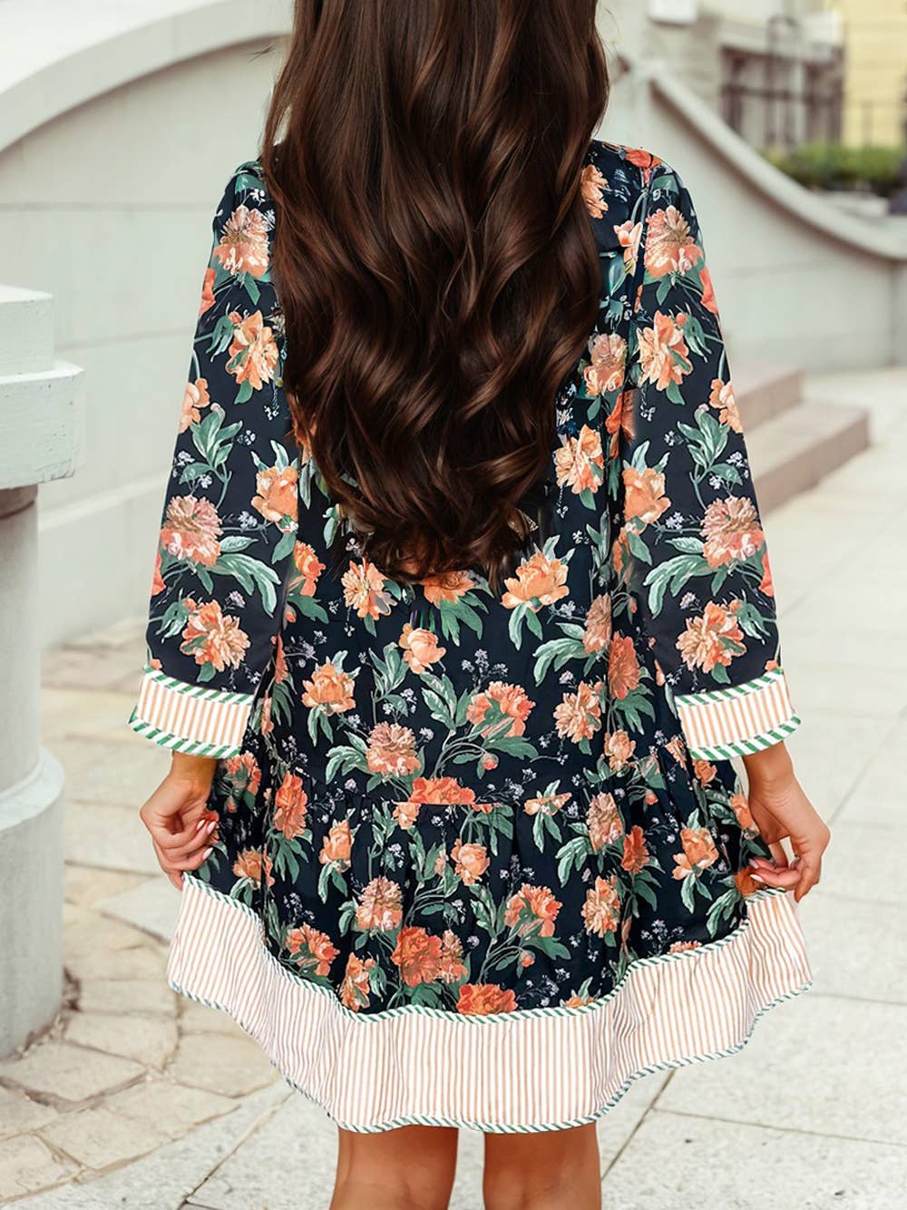 Boho Floral Striped Trim V-Neck Ruffle Shift Mini Dress – The Rustic Barn