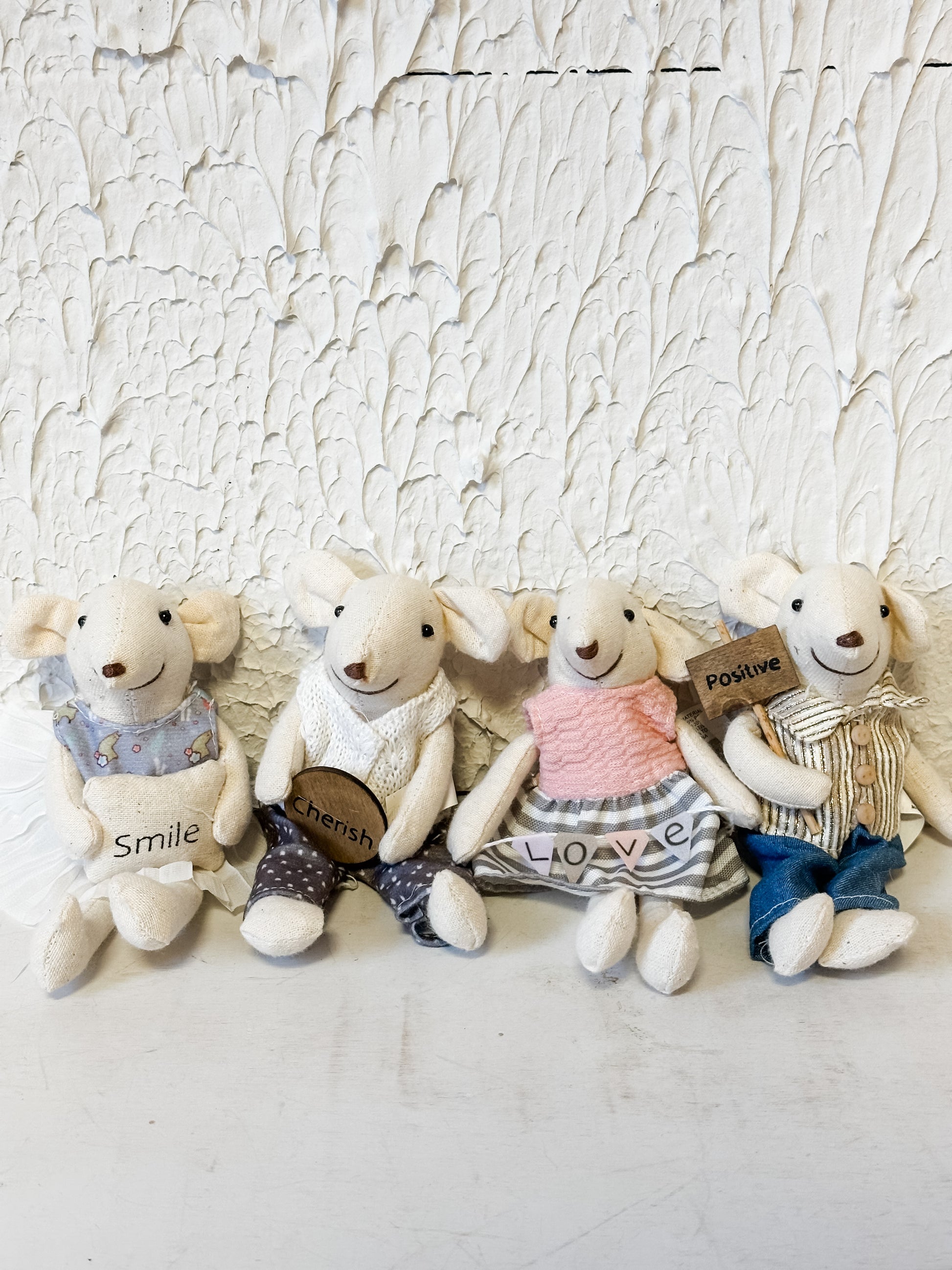 stuffed mice with positive sayings at The Rustic Barn in Killingworth, CT