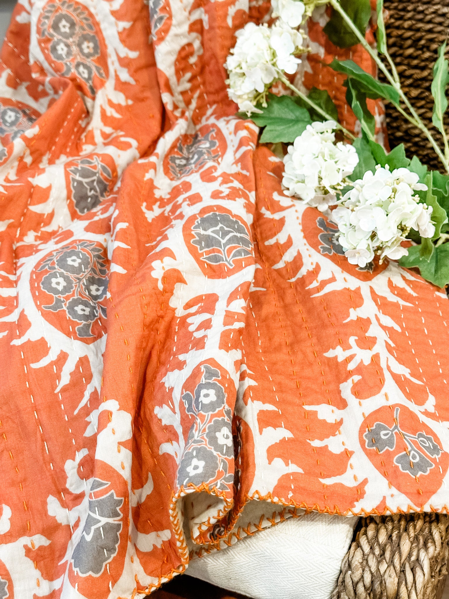 orange cotton voile printed throw blanket at the rustic barn in killingworth ct