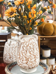 tan and cream ceramic floral vase at The Rustic Barn in Killingworth CT