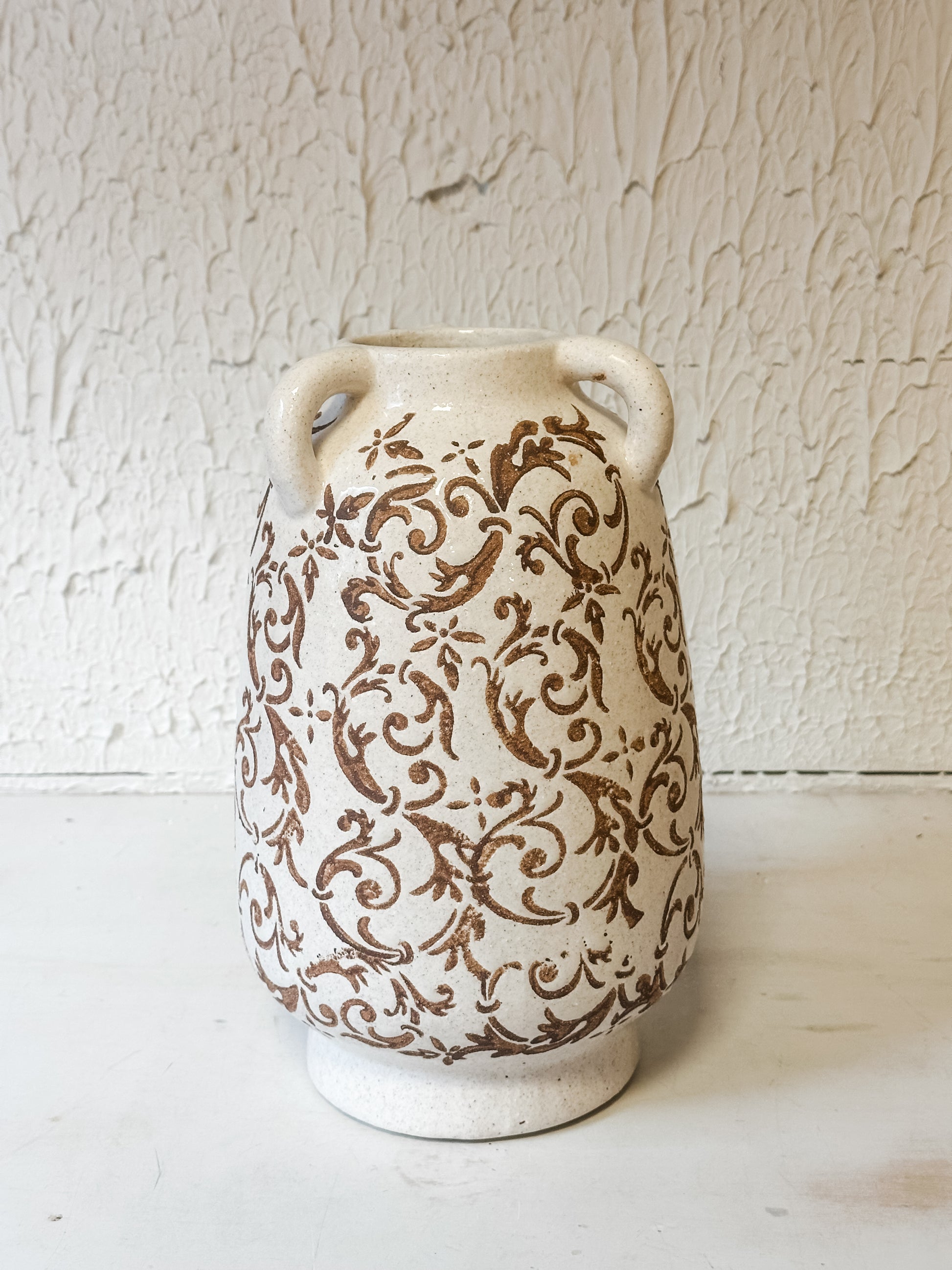 tan and cream ceramic vase with floral print  at The Rustic Barn in Killingworth CT