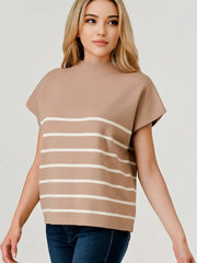tan and white stripe mock neck sweater at the rustic barn in killingworth CT