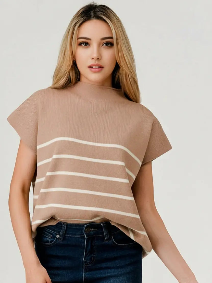 tan and white stripe mock neck sweater at the rustic barn in killingworth CT