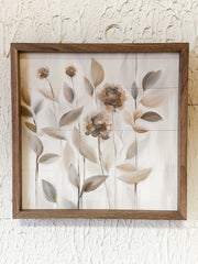 tan flowers wooden wall decor at the Rustic Barn in Killingworth, CT