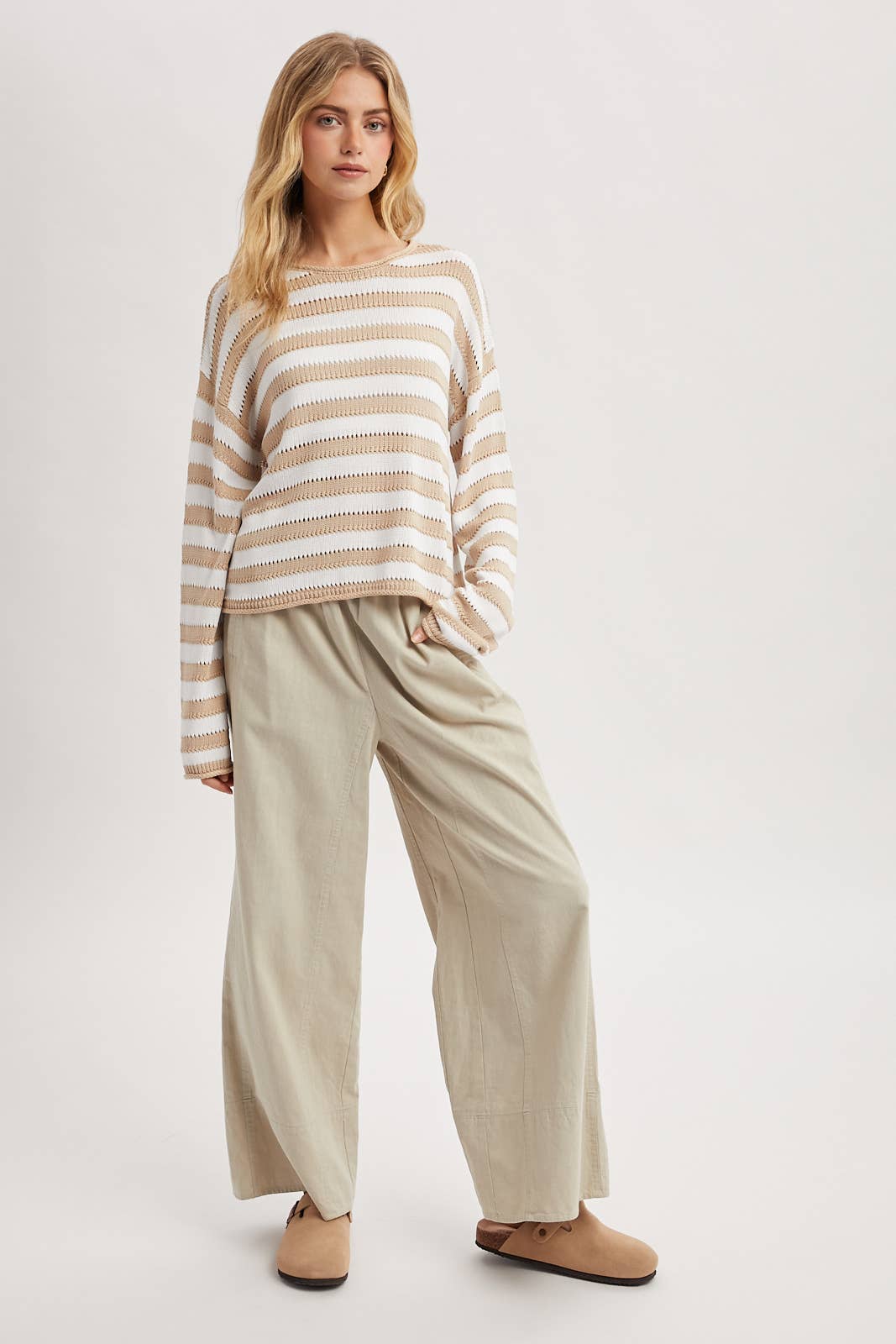 taupe and white stripe knit sweater at the rustic barn in Killingworth ct