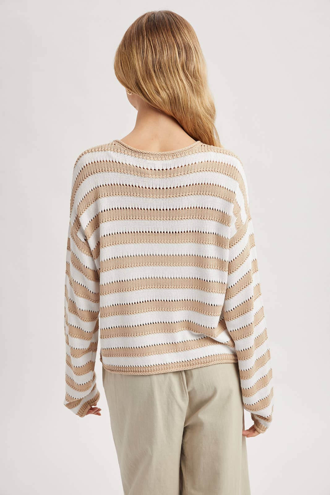 taupe and white stripe knit sweater at the rustic barn in Killingworth ct