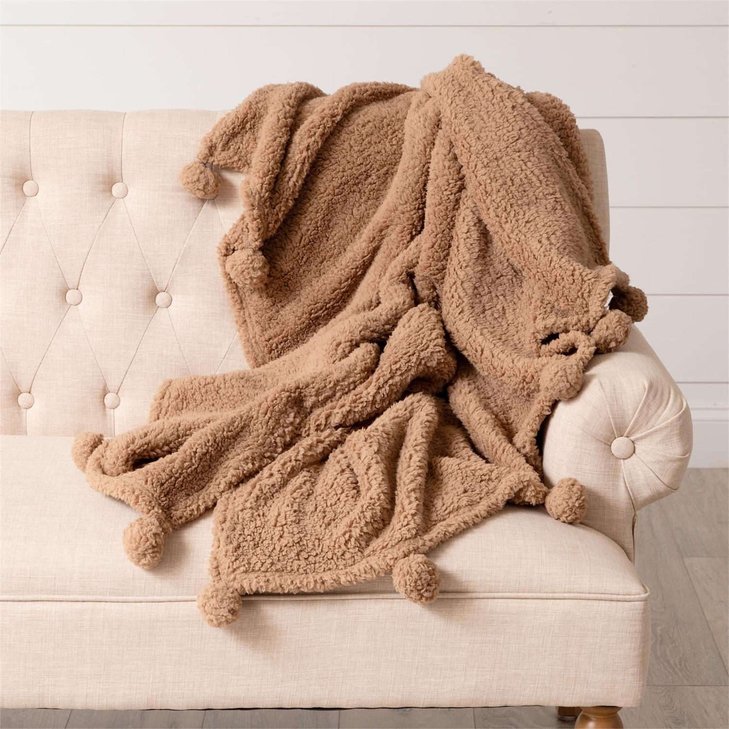 Taupe Color Sherpa Throw With Pom Poms