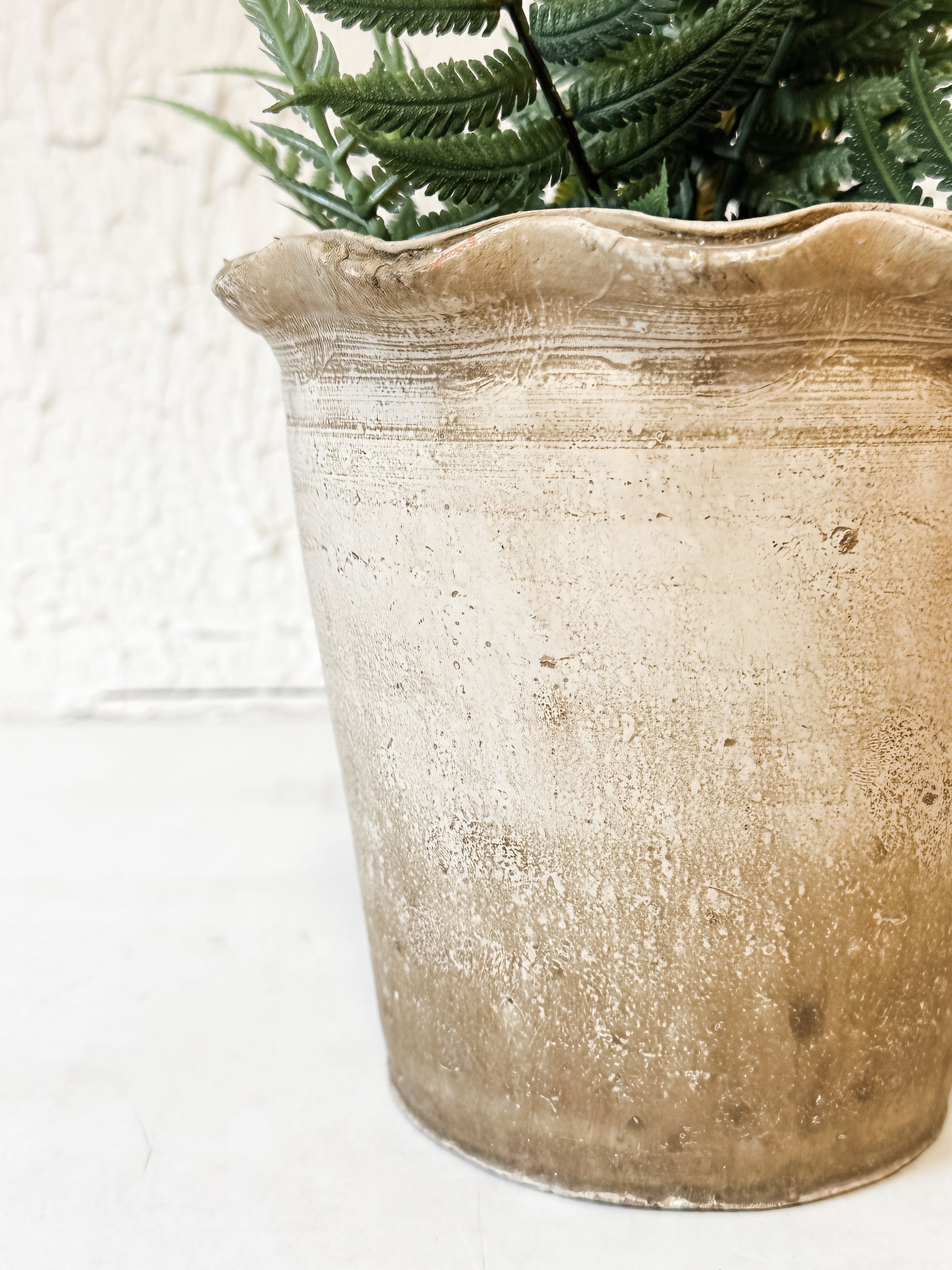 terra-cotta planter with scalloped edge and distressed finish at The Rustic Barn in Killingworth CT