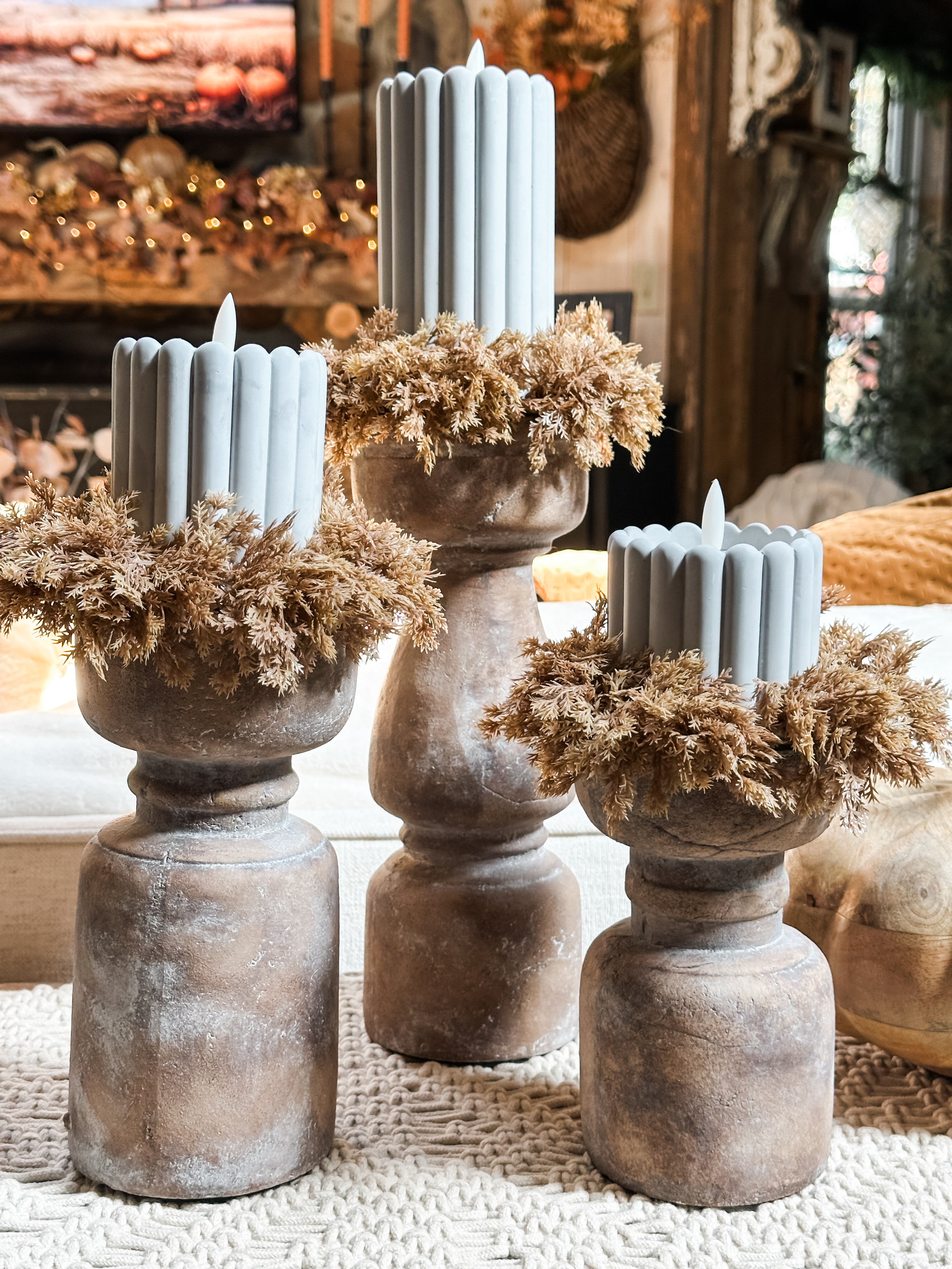 terracotta pillar candle holders styled for fall at the Rustic Barn in Killingworth CT 