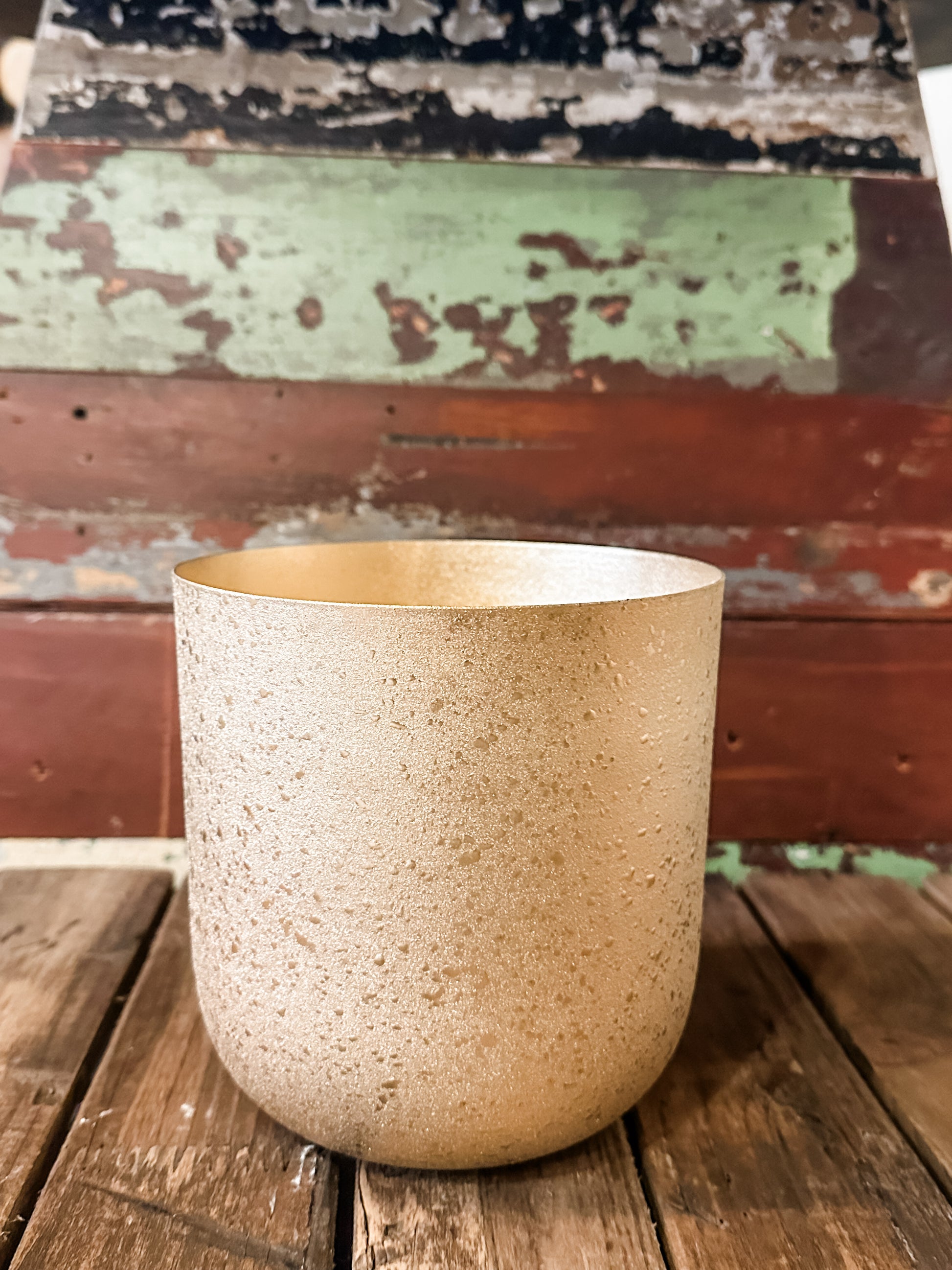 textured metal planters with gold finish at The Rustic Barn in Killingworth CT
