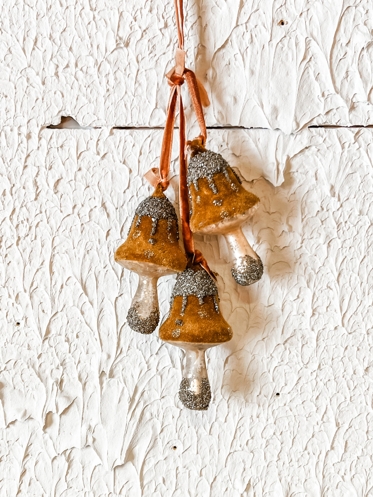 glass and velvet mushroom ornaments at the rustic barn in killingworth ct
