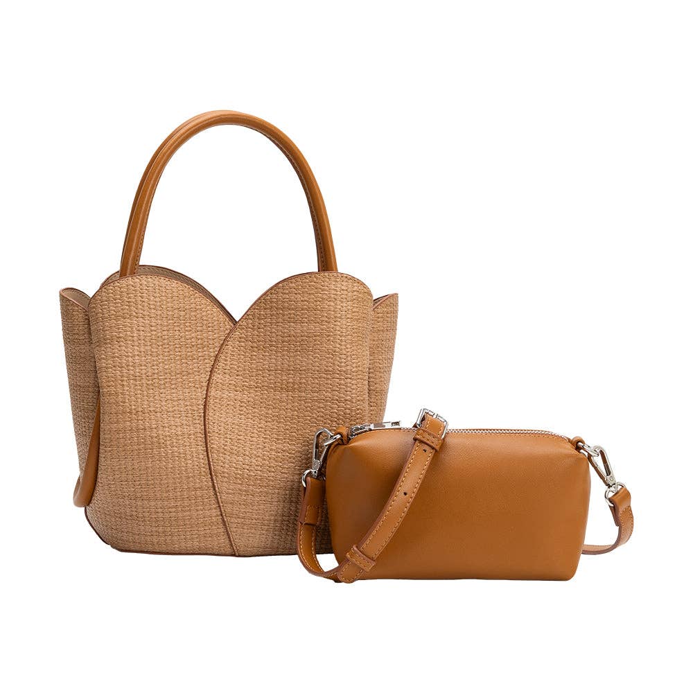tulip raffia recycled vegan leather top handle and crossbody bag at the rustic barn in Killingworth ct