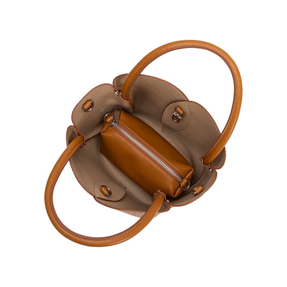 tulip raffia recycled vegan leather top handle and crossbody bag at the rustic barn in Killingworth ct