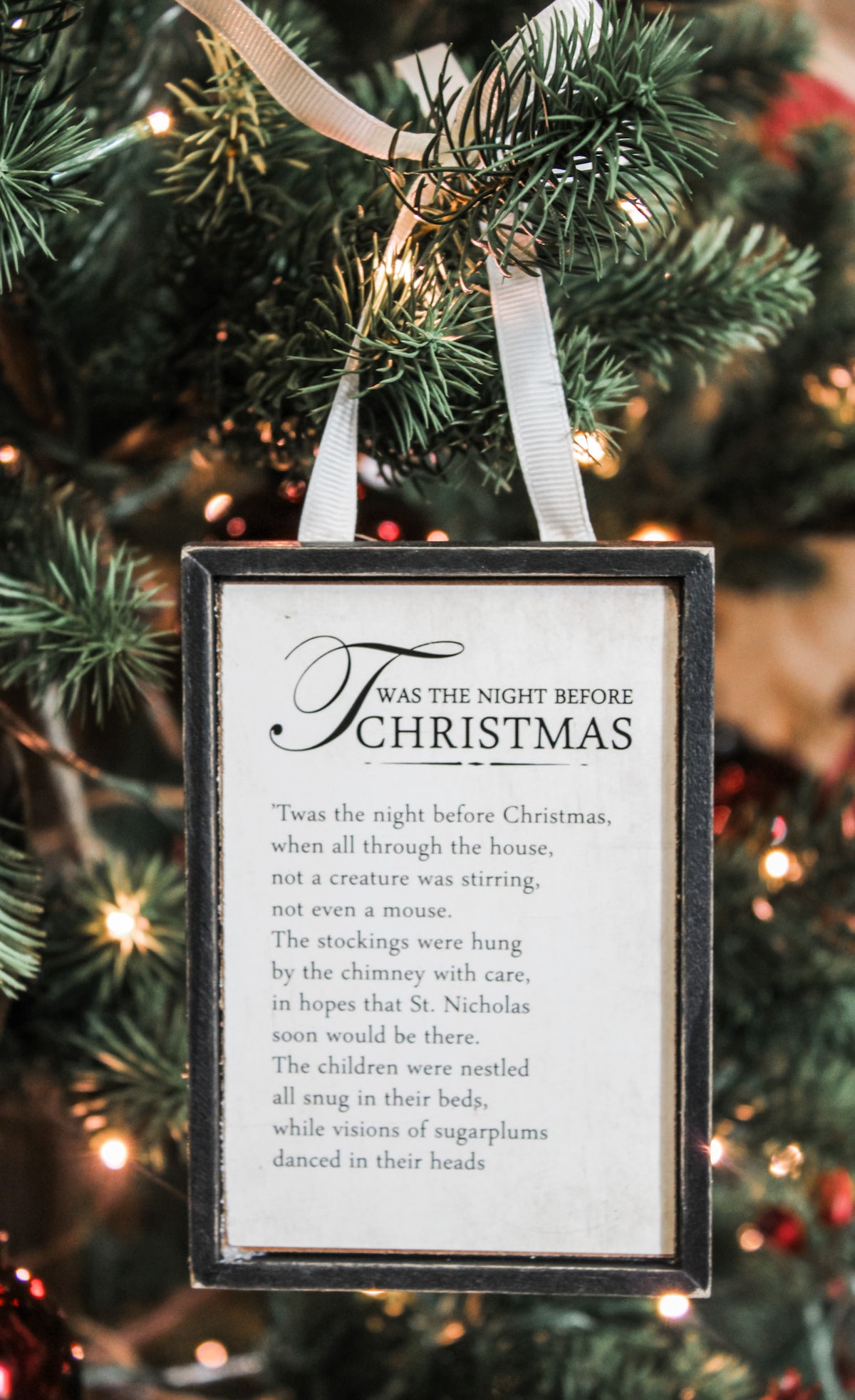 twas the night before christmas wooden ornament with Christmas wording for holiday trees and gifting for sale at the rustic barn in Killingworth, CT