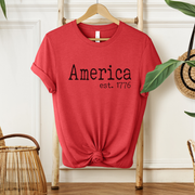 typography America 1776 red graphic tee July 4th at the rustic barn in Killingworth ct
