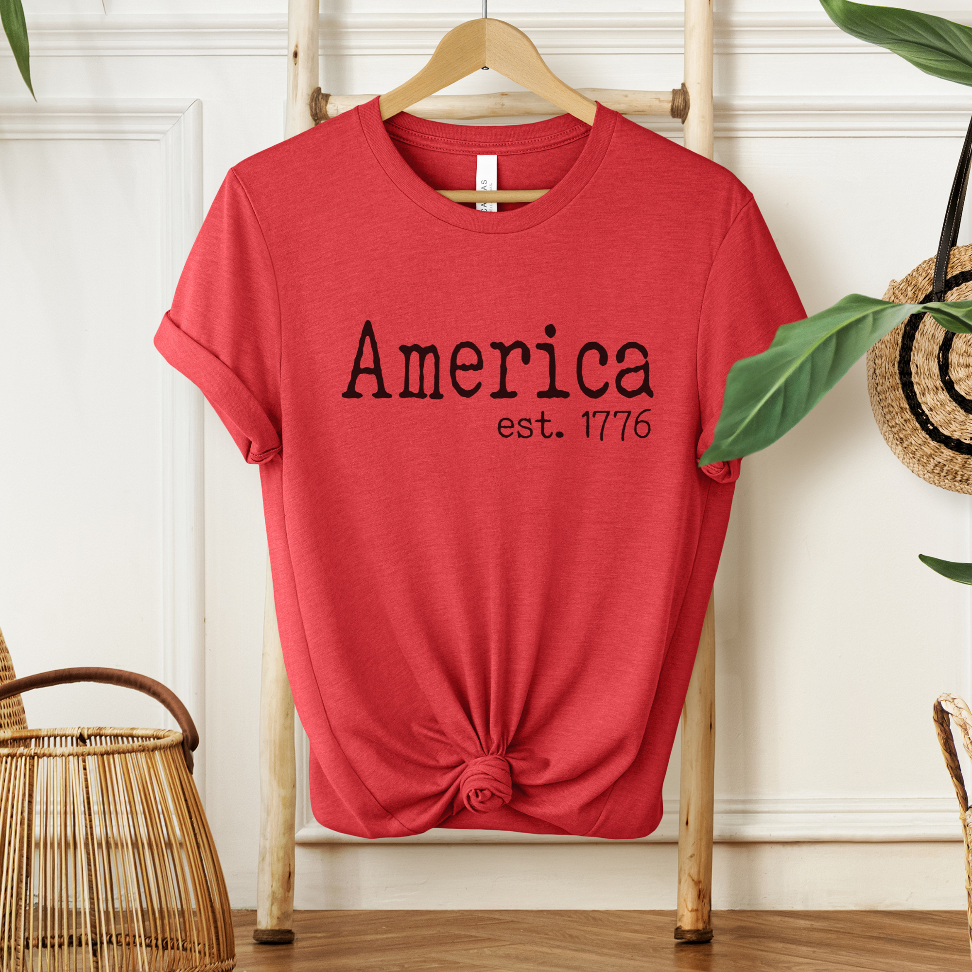 typography America 1776 red graphic tee July 4th at the rustic barn in Killingworth ct
