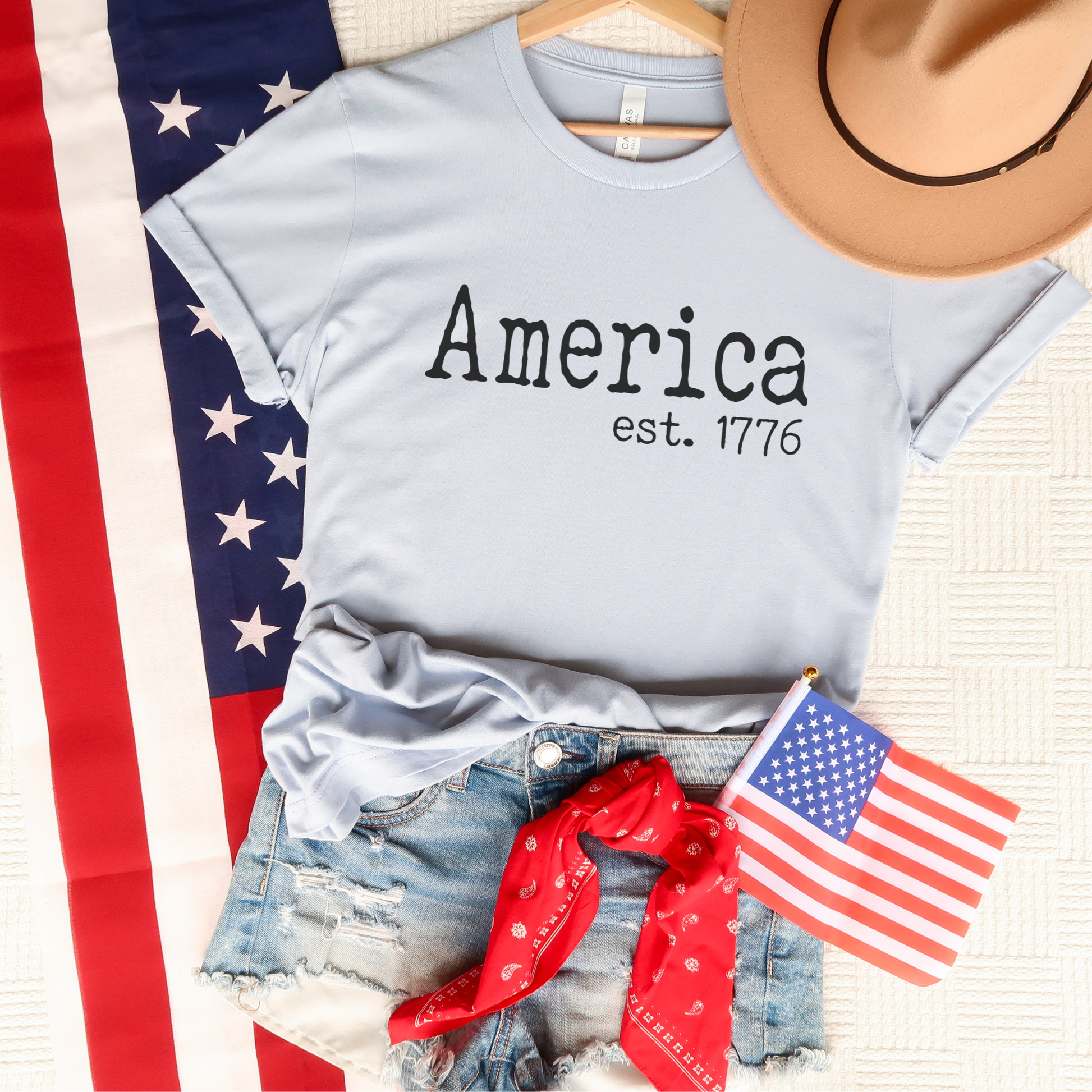 typography America 1776 white graphic tee July 4th at the rustic barn in Killingworth ct