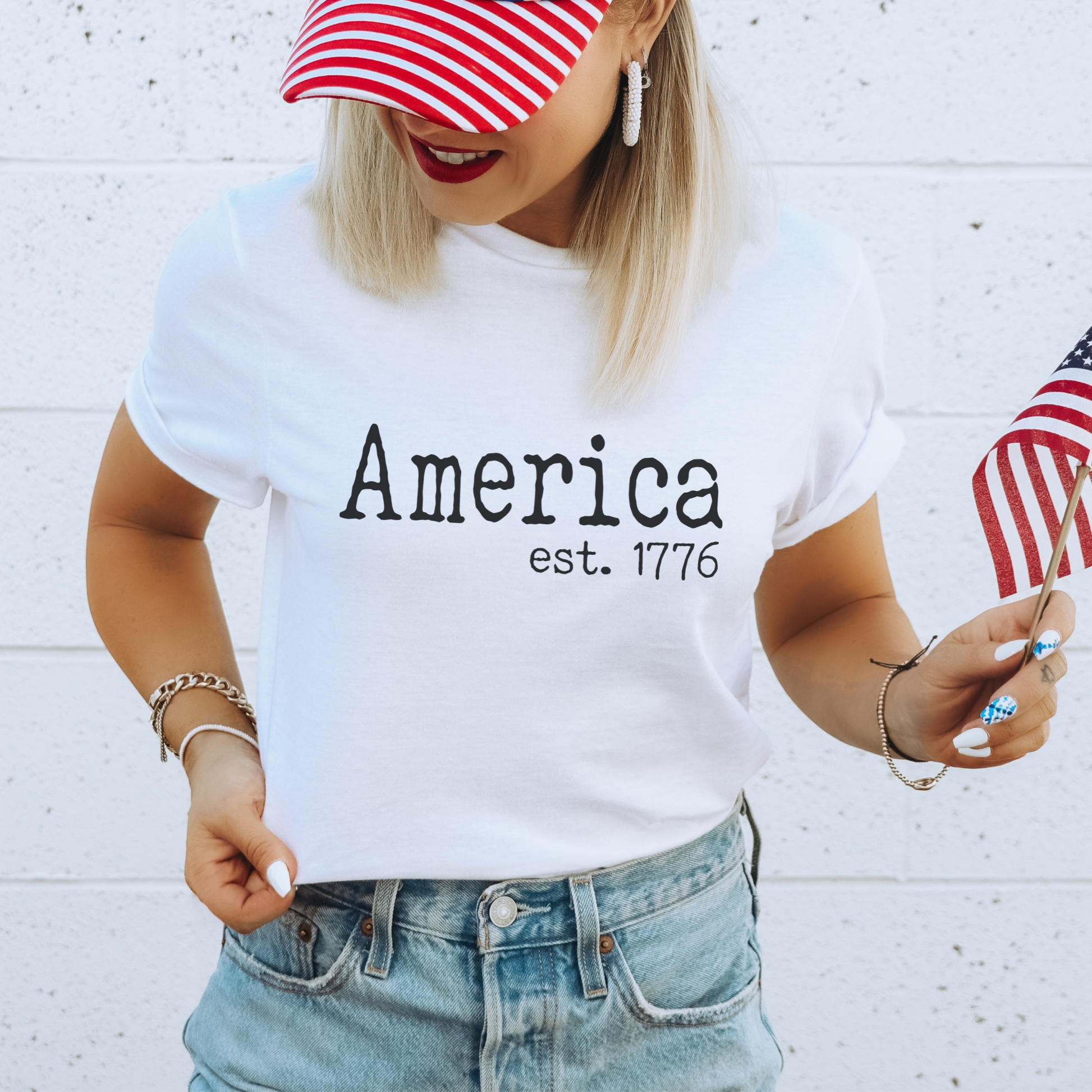 typography America 1776 white graphic tee July 4th at the rustic barn in Killingworth ct