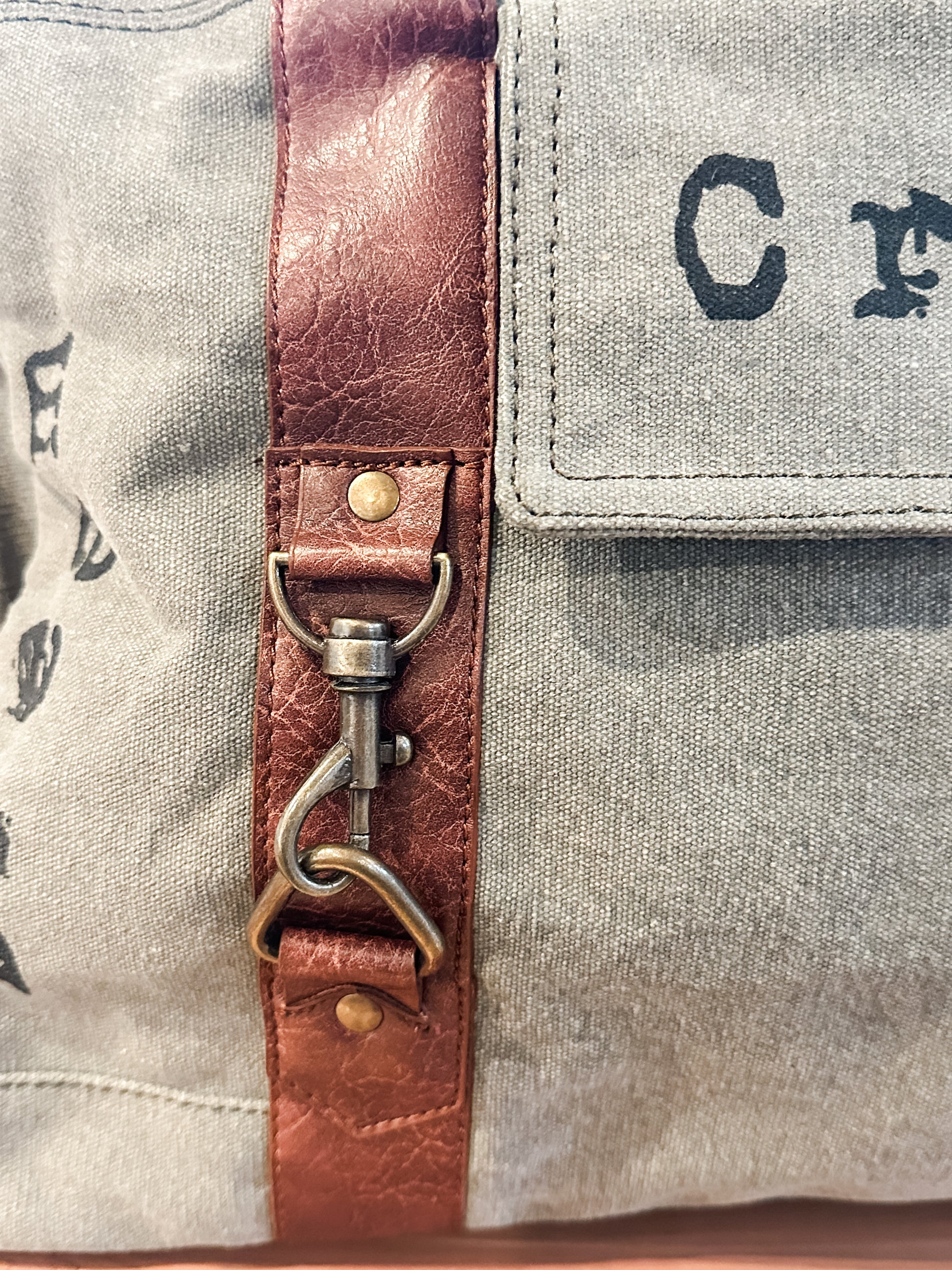 up-cycled canvas weekender bag with inspiring words at the Rustic Barn in Killingworth, CT