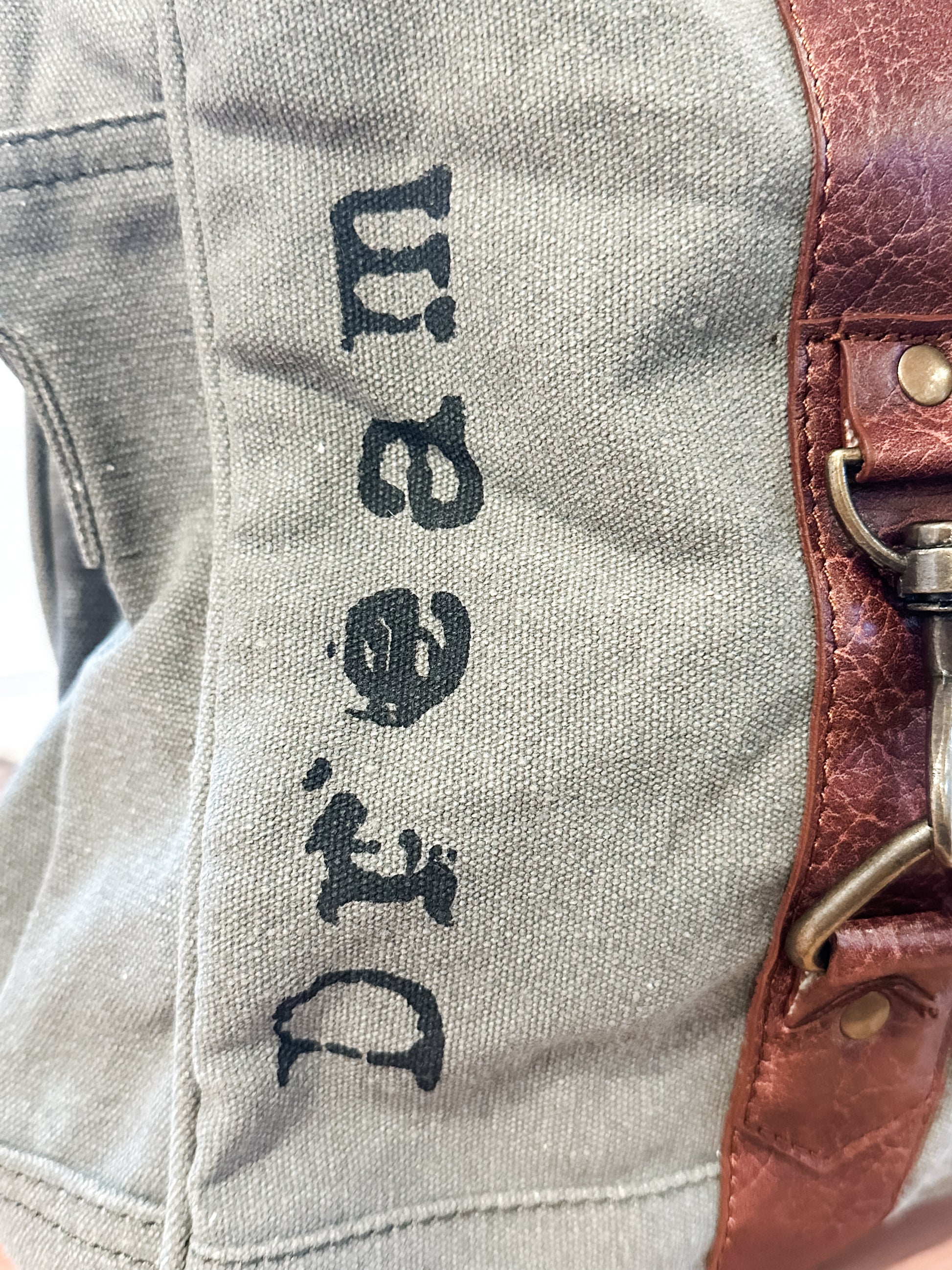 up-cycled canvas weekender bag with inspiring words at the Rustic Barn in Killingworth, CT