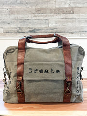 up-cycled canvas weekender bag with inspiring words at the Rustic Barn in Killingworth, CT