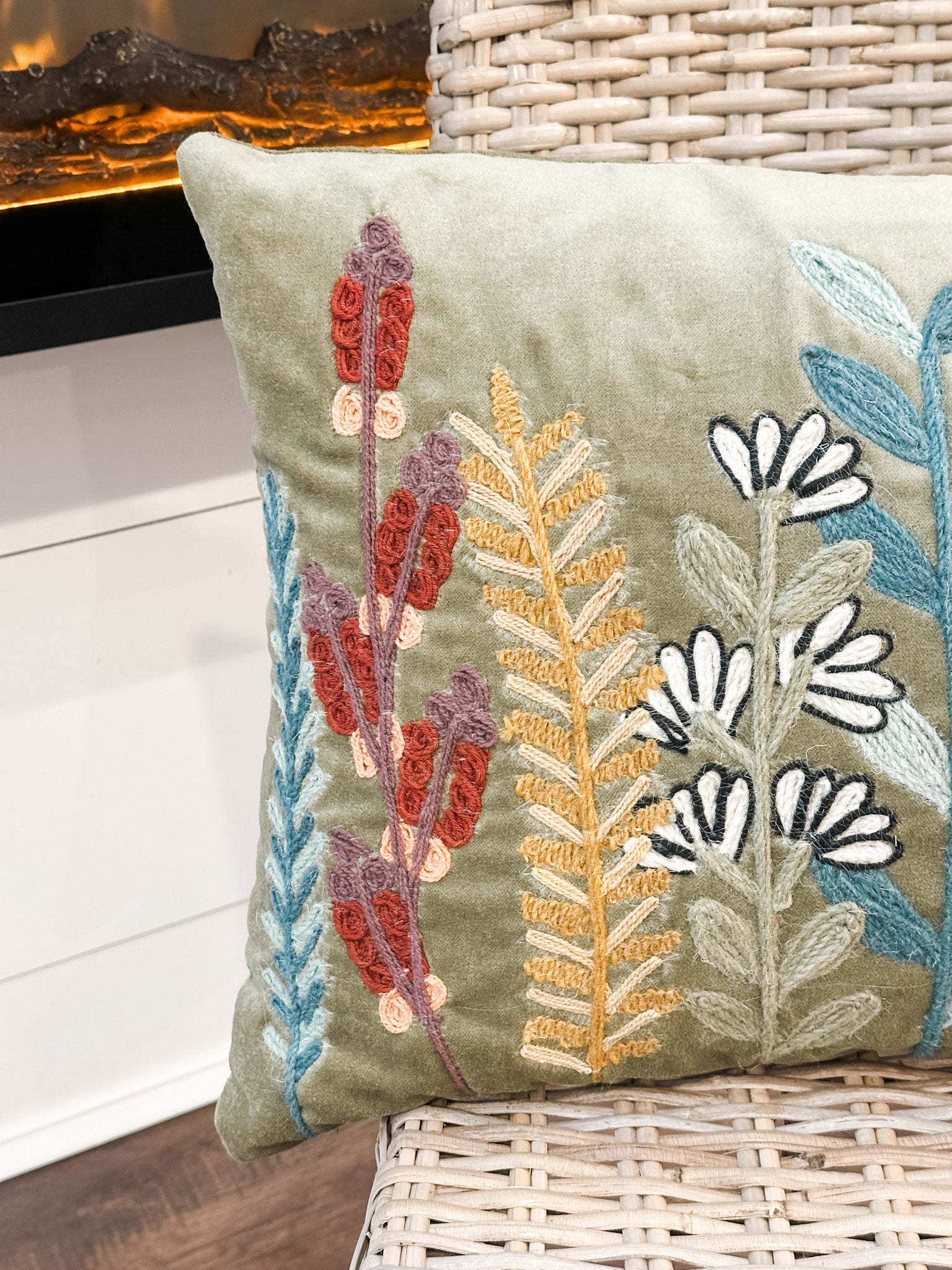 velvet hand stiched botanical green velvet lumbar fall pillow at the rustic barn in killingworth ct