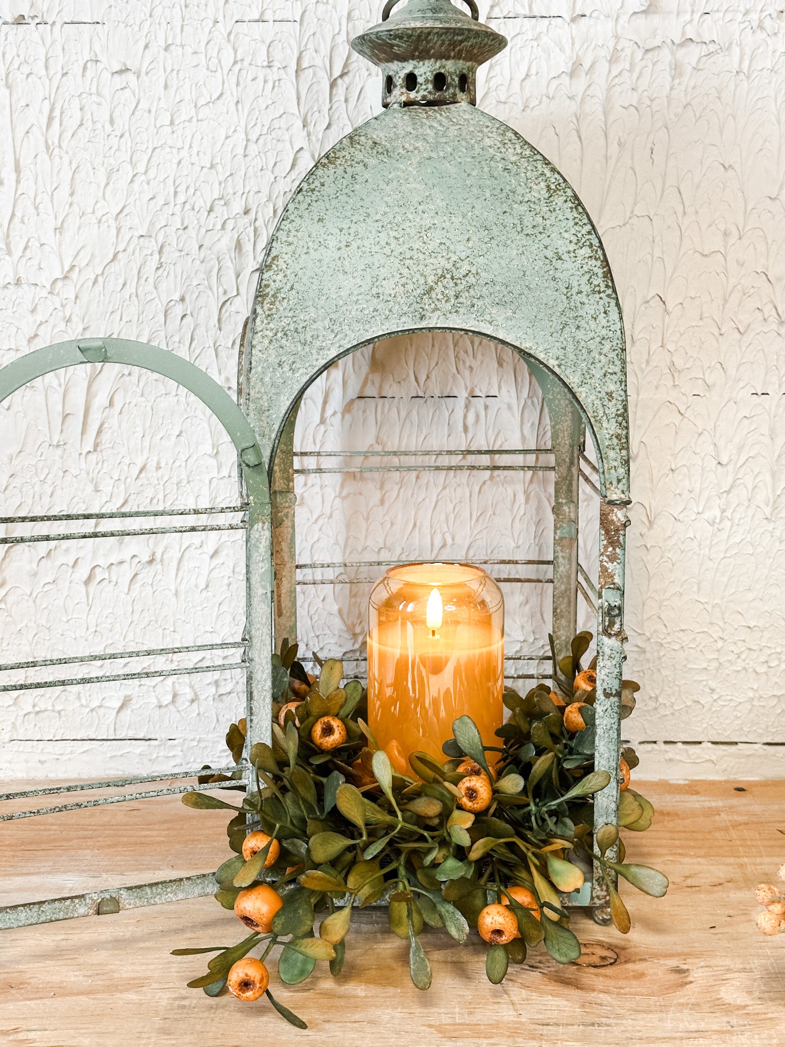 aged green vintage open lantern at the rustic barn in killingworth ct