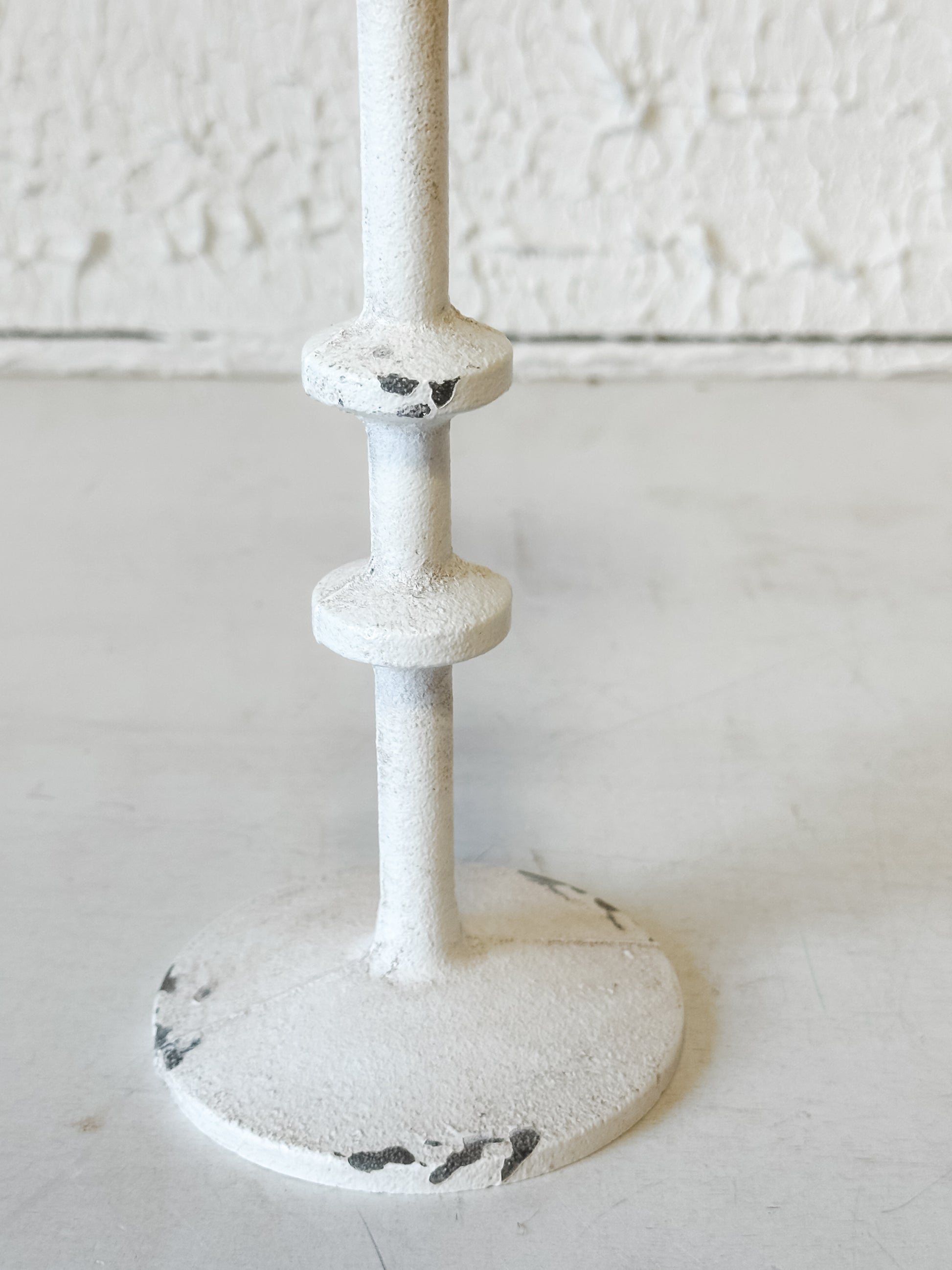 vintage aged white taper candle holders in 3 sizes at the rustic barn in killingworth ct