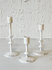 vintage aged white taper candle holders in 3 sizes at the rustic barn in killingworth ct