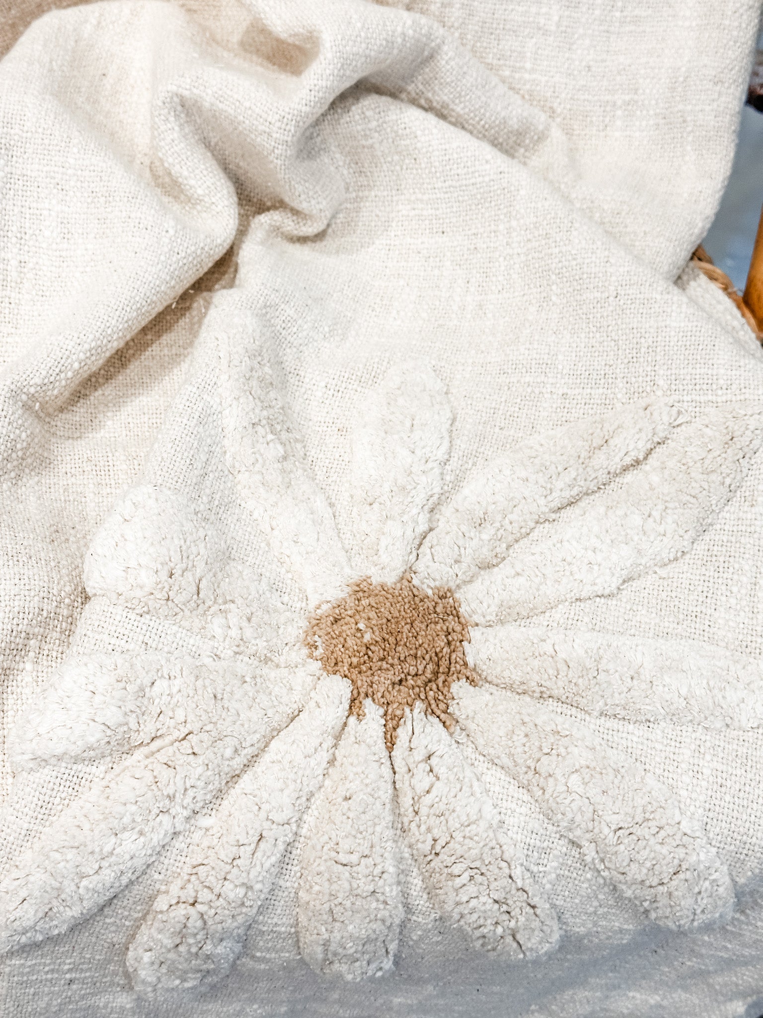 vintage cotton slub cream throw with tufted flowers on it at the rustic barn in killingworth ct