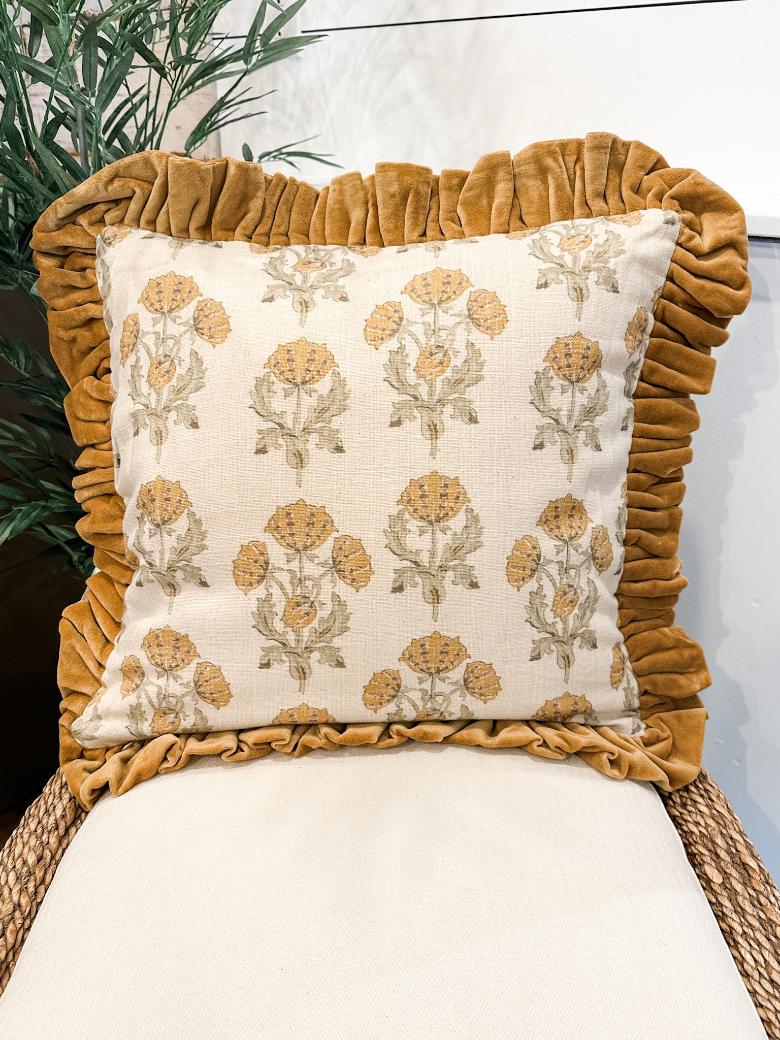 vintage floral cotton slub pillow with mustard velvet ruffle at the rustic art in killingworth ct