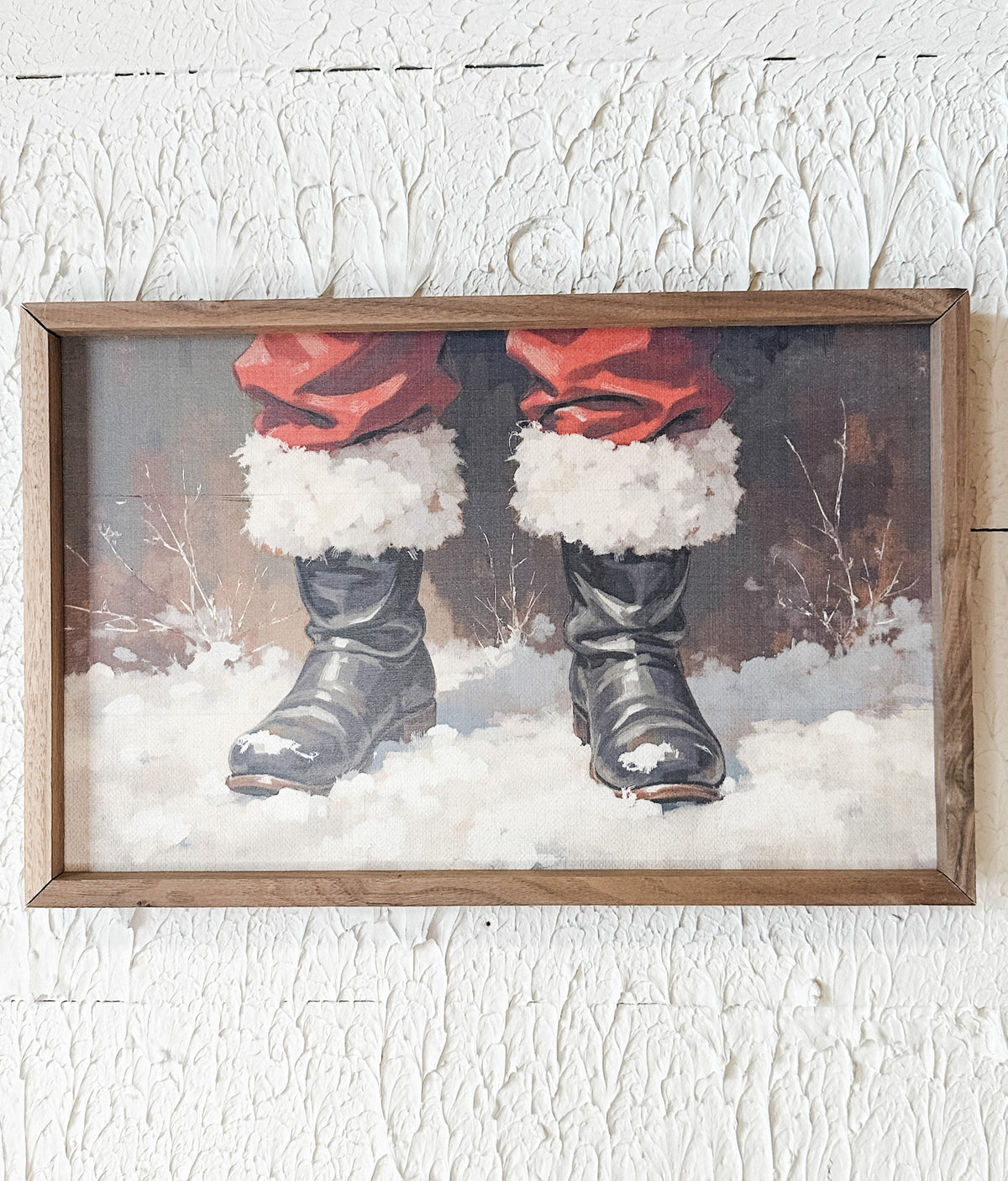Santa boot framed wall art for christmas for sale at the rustic barn in Killingworth, CT