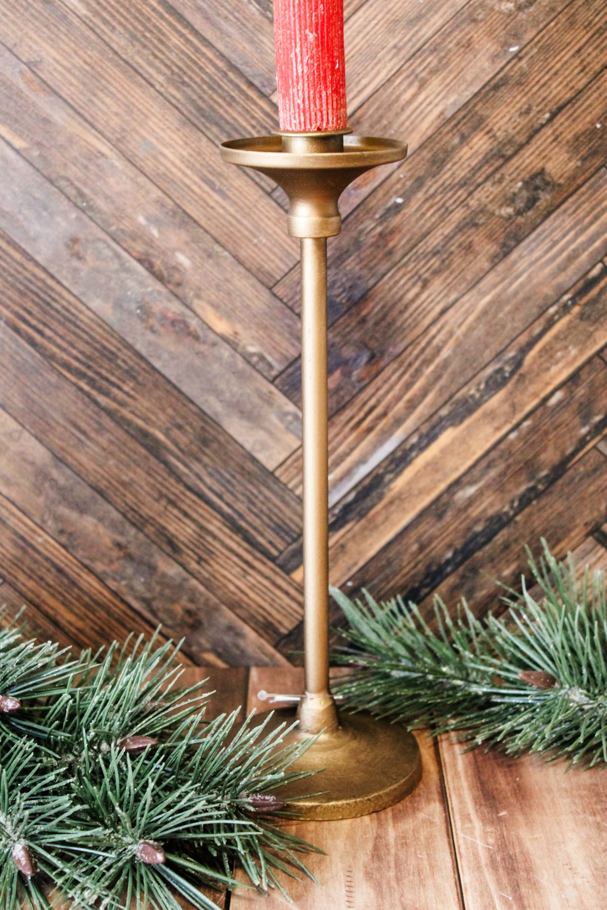 Vintage inspired candle taper holder golden perfect for holiday and winter decorating for sale at the rustic barn in Killingworth, CT
