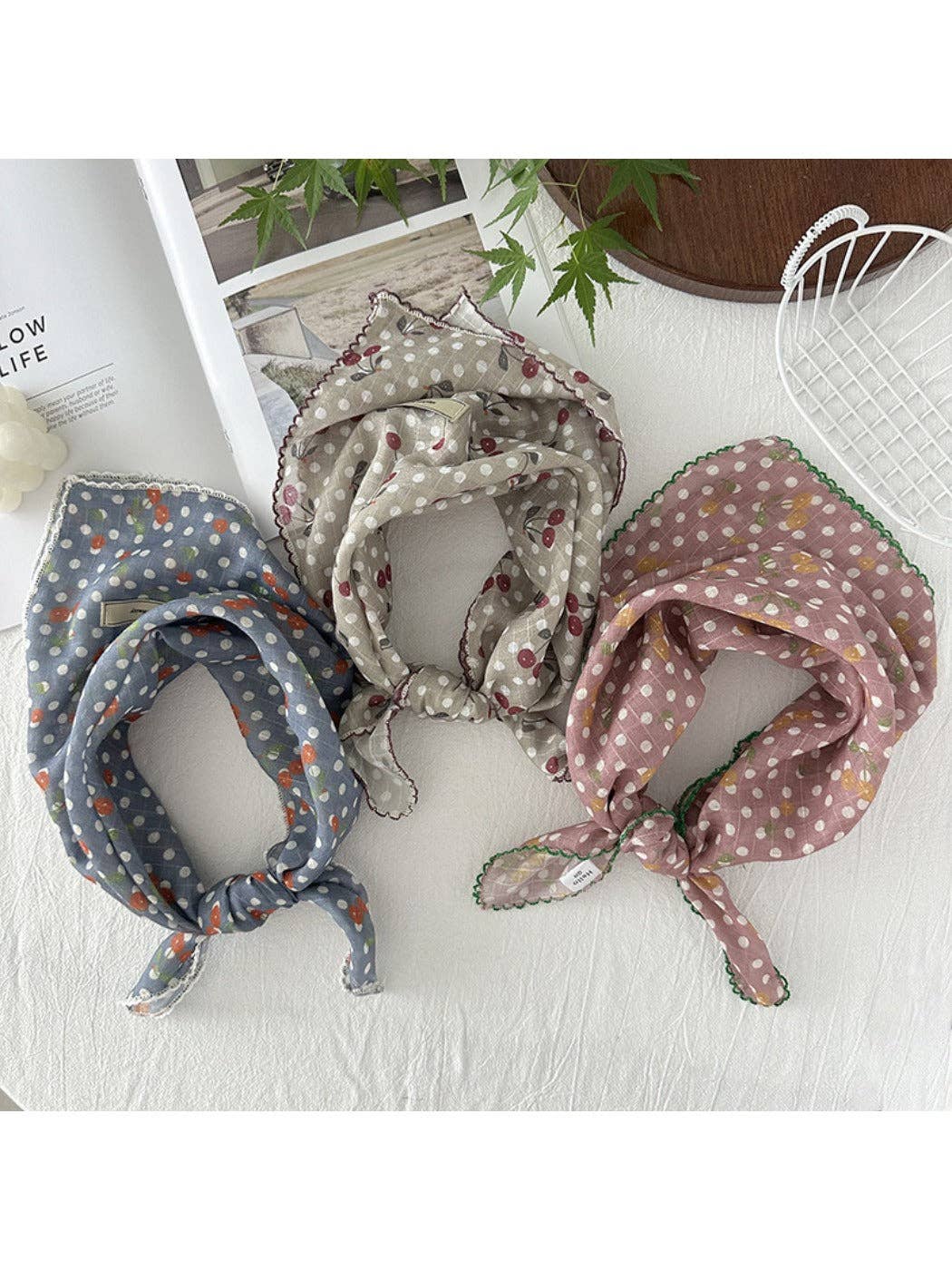 polka dot neck scarf with cherry patterns at the rustic barn in killingworth ct