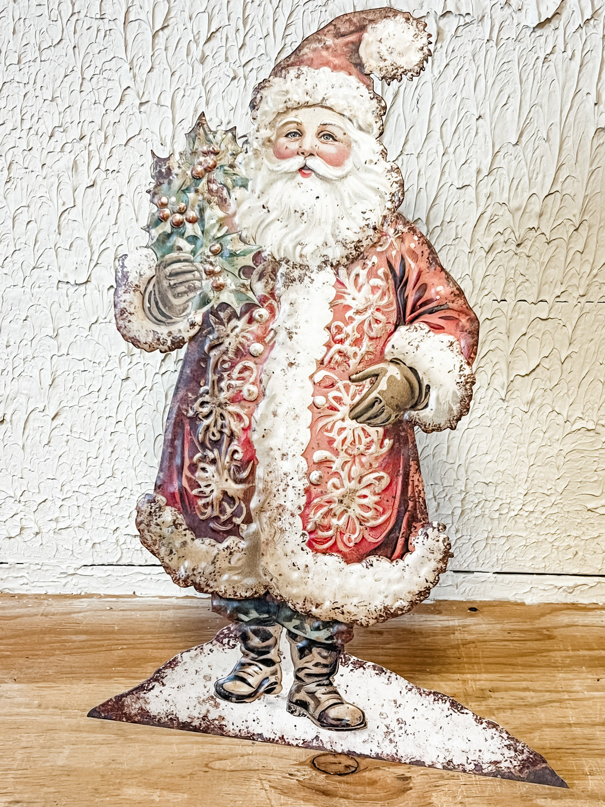 vintage santa metal stand up sign christmas decor at the rustic barn in killingworth ct