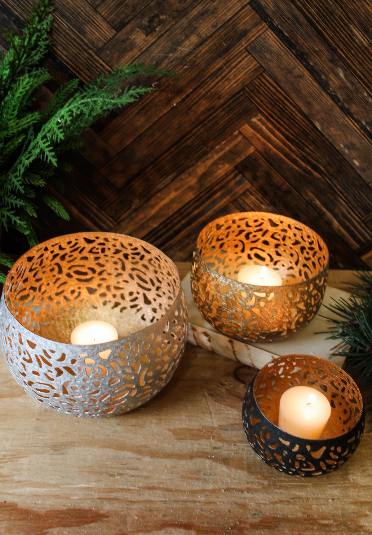 Vintage Votive tea light holders for christmas metal design for sale at the rustic barn in killingworth, CT