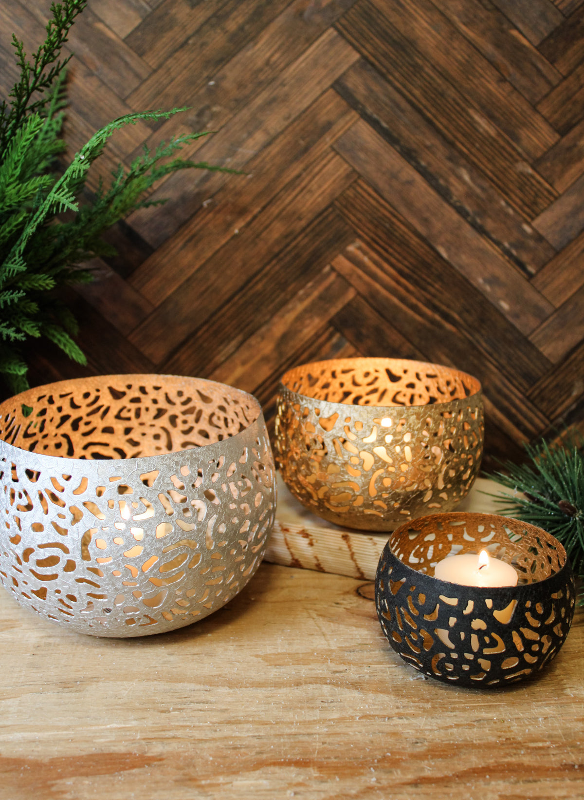Vintage Votive tea light holders for christmas metal design for sale at the rustic barn in killingworth, CT