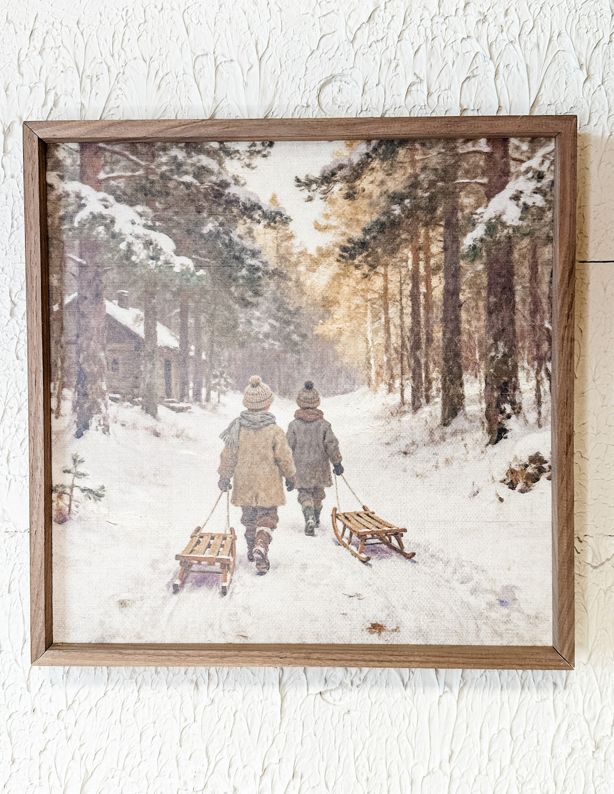 vintage winter sled kids framed wall art for christmas for sale at the rustic barn in Killingworth, CT