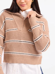 warm tan quarter zip pullover sweater at the rustic barn in killingworth ct