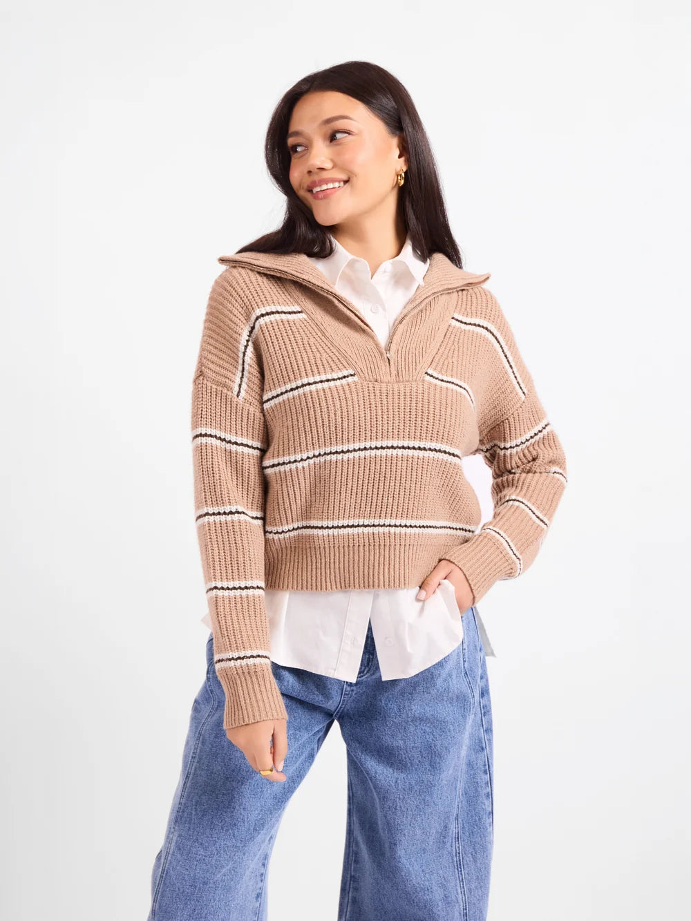 warm tan quarter zip pullover sweater at the rustic barn in killingworth ct