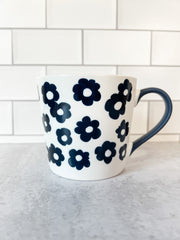 white and navy floral bone china mug at the rustic barn in killingworth ct