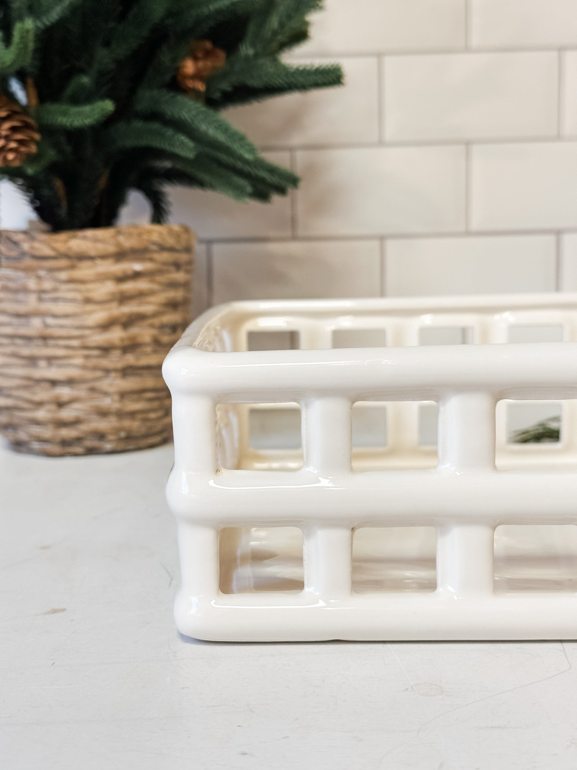white ceramic open weave napkin holder at The Rustic Barn in Killingworth CT