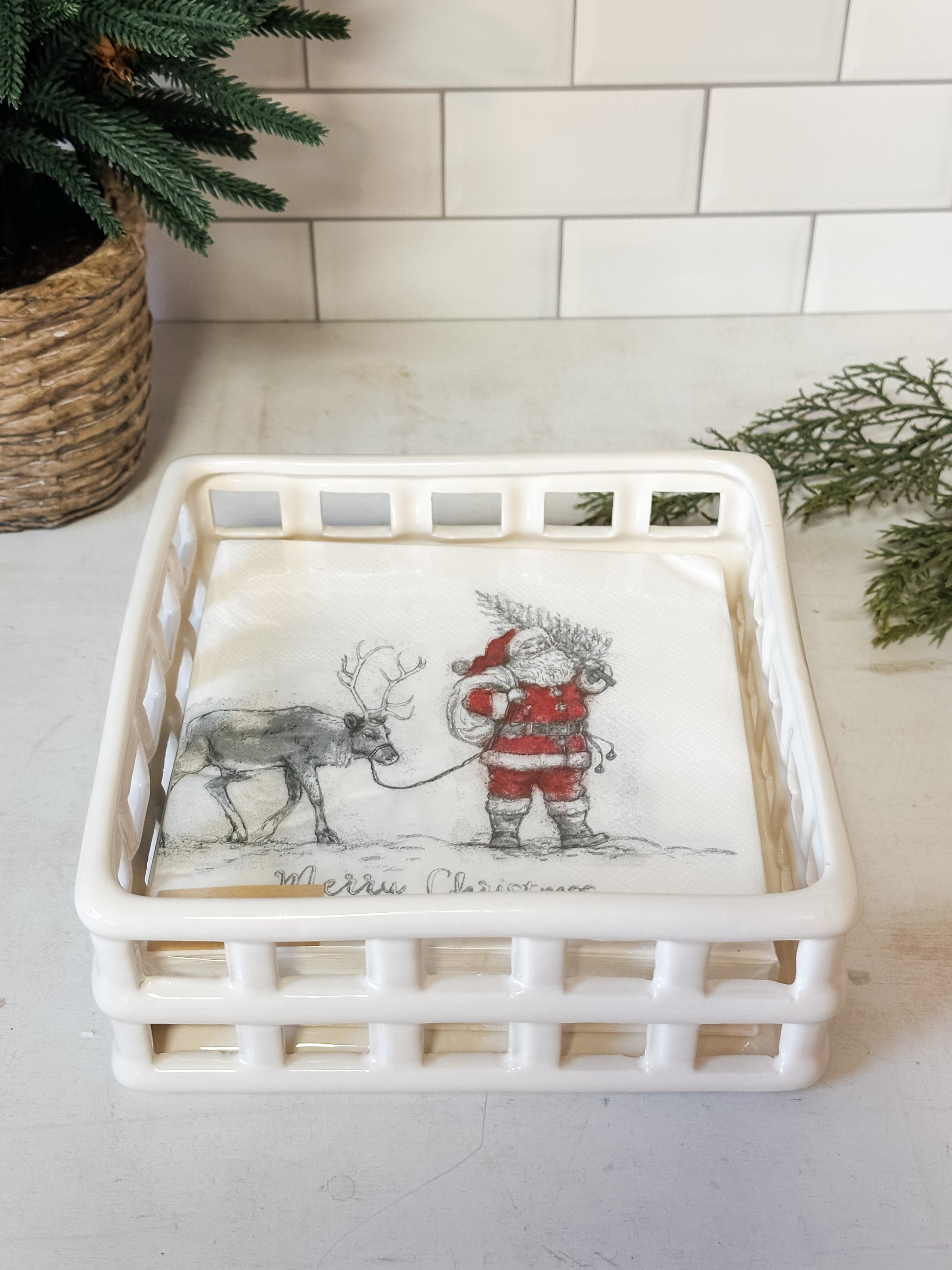 white ceramic open weave napkin holder at The Rustic Barn in Killingworth CT